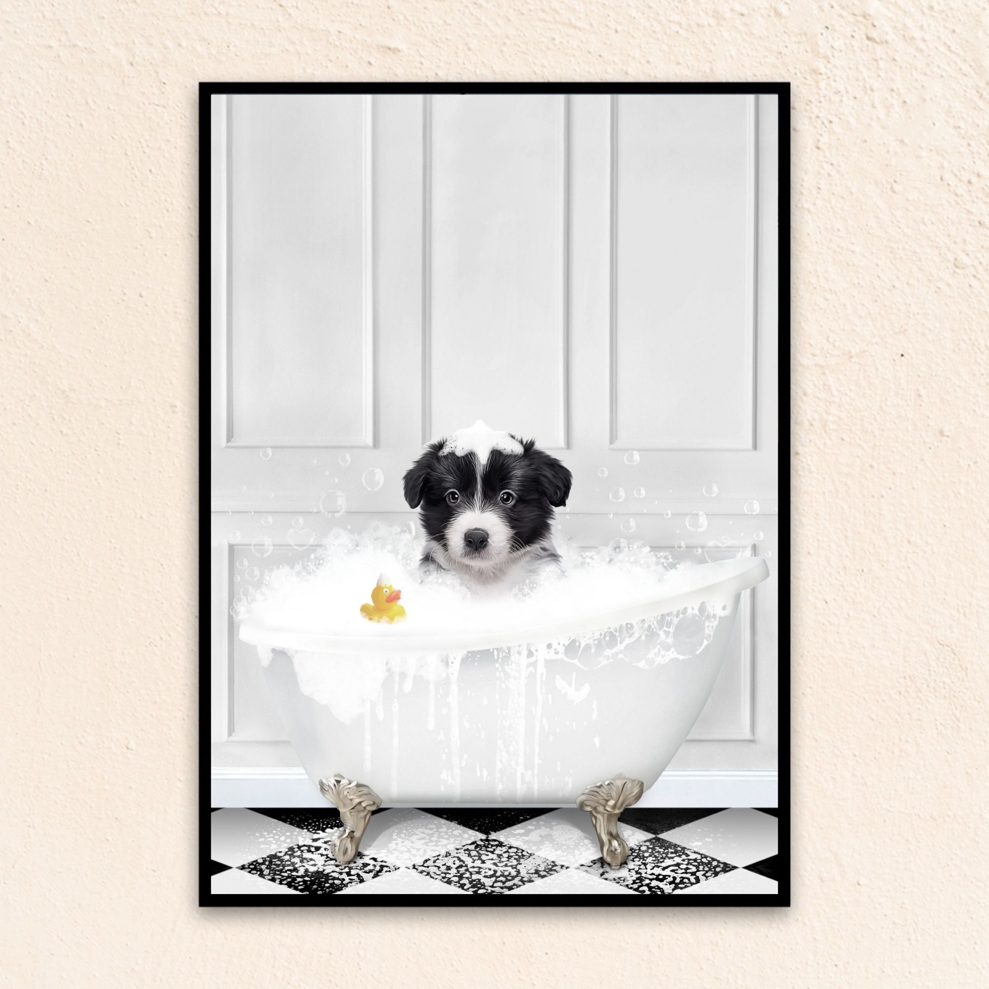 Custom funny pet portrait wall art, Border Collie puppy in bath tub with rubber duckie and black and white checker tiled floor.