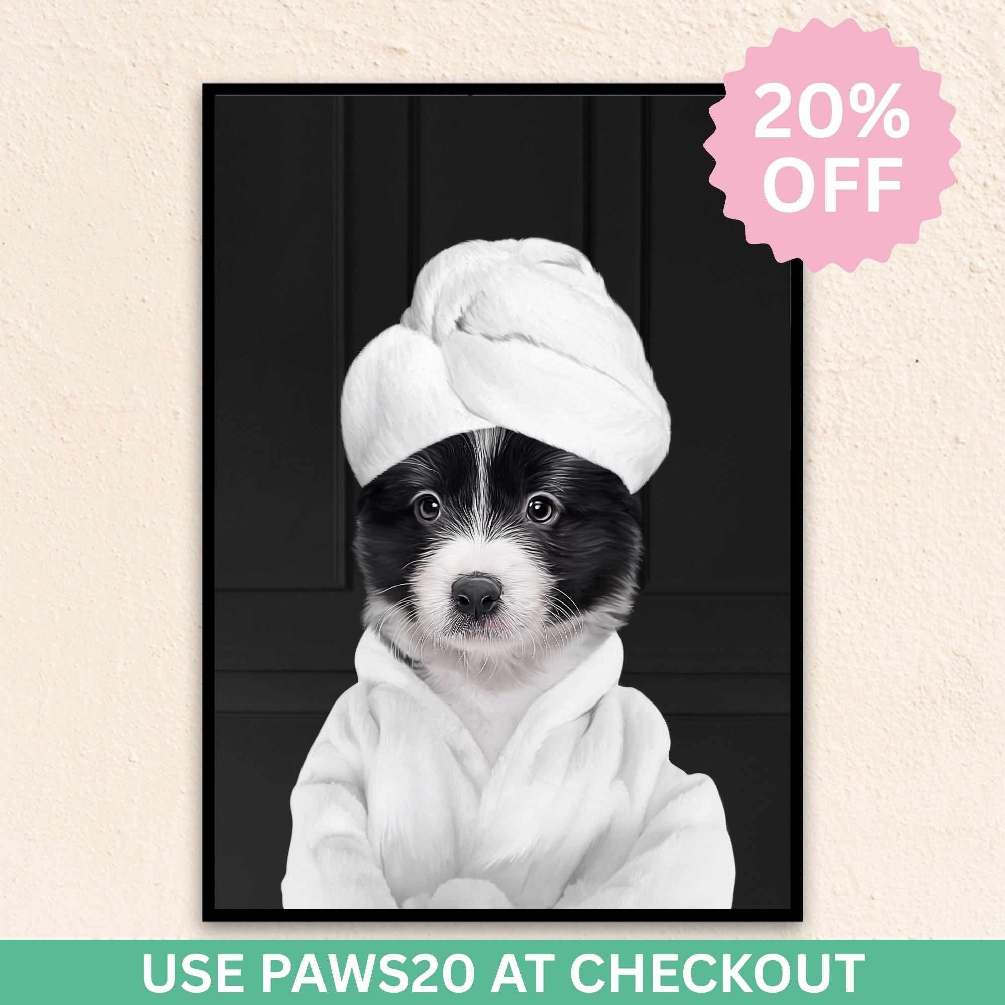Custom funny pet portrait wall art, Border Collie puppy in bathrobe and towel at spa.