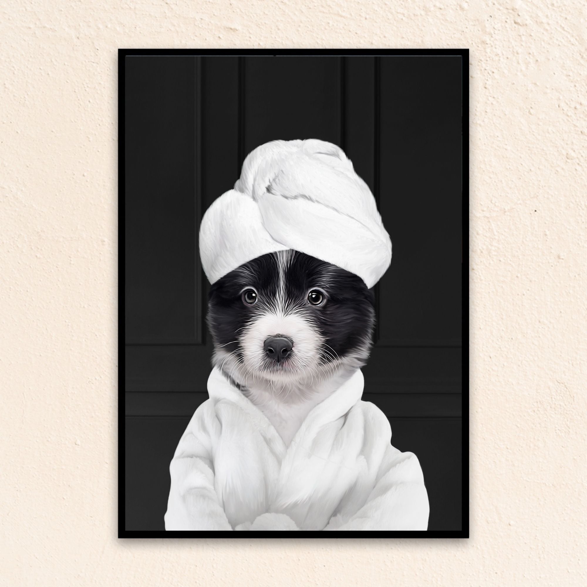 Custom funny pet portrait wall art, Border Collie puppy in bathrobe and towel at spa.