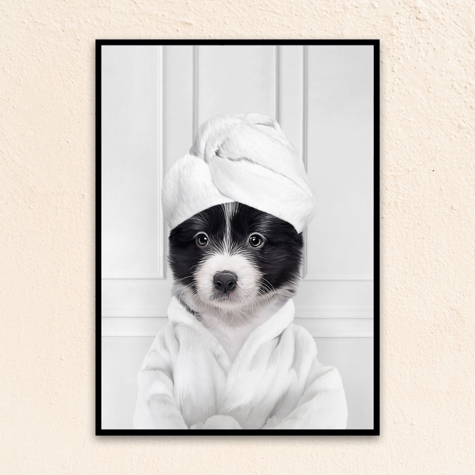 Custom funny pet portrait wall art, Border Collie puppy in bathrobe and towel at spa.