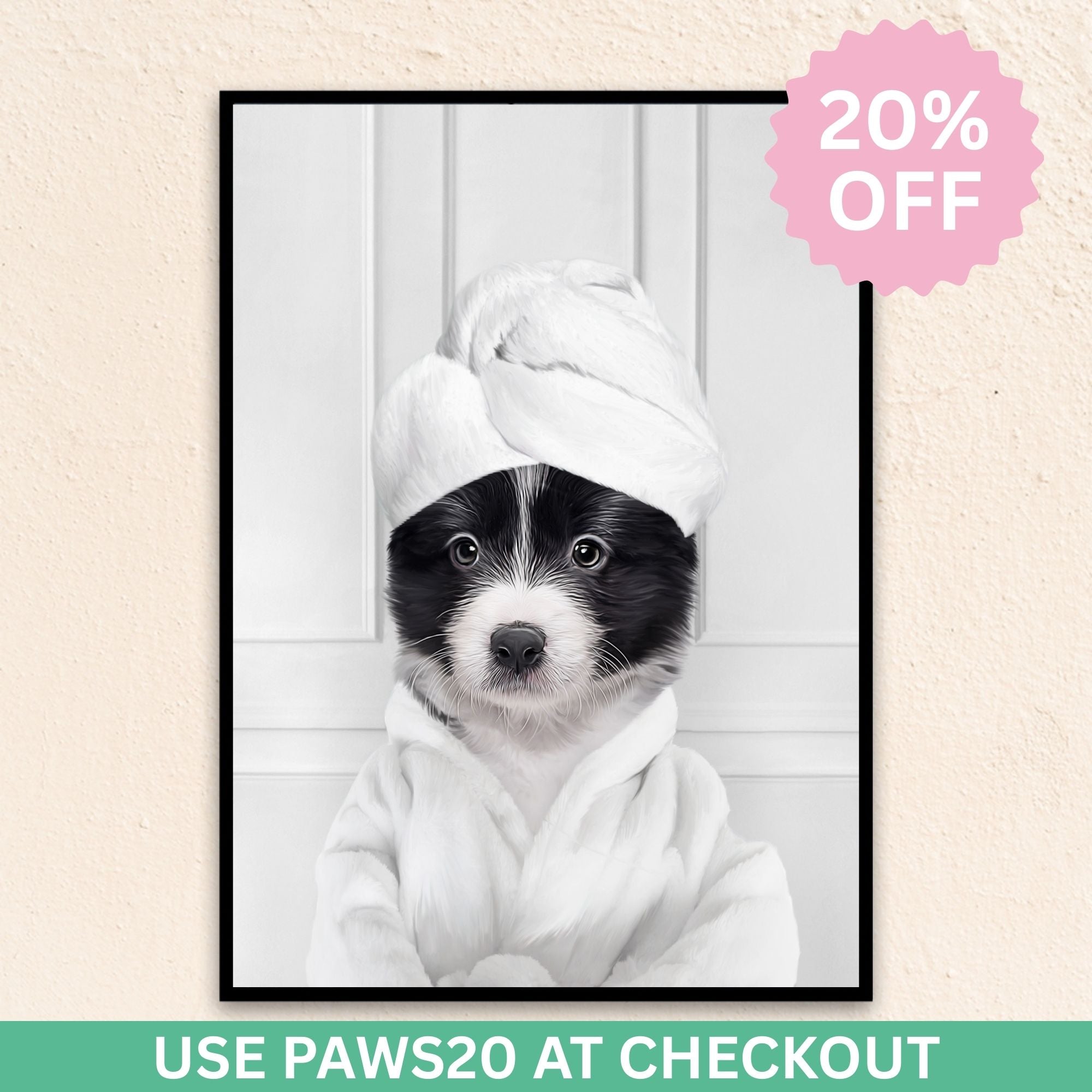Custom funny pet portrait wall art, Border Collie puppy in bathrobe and towel at spa.