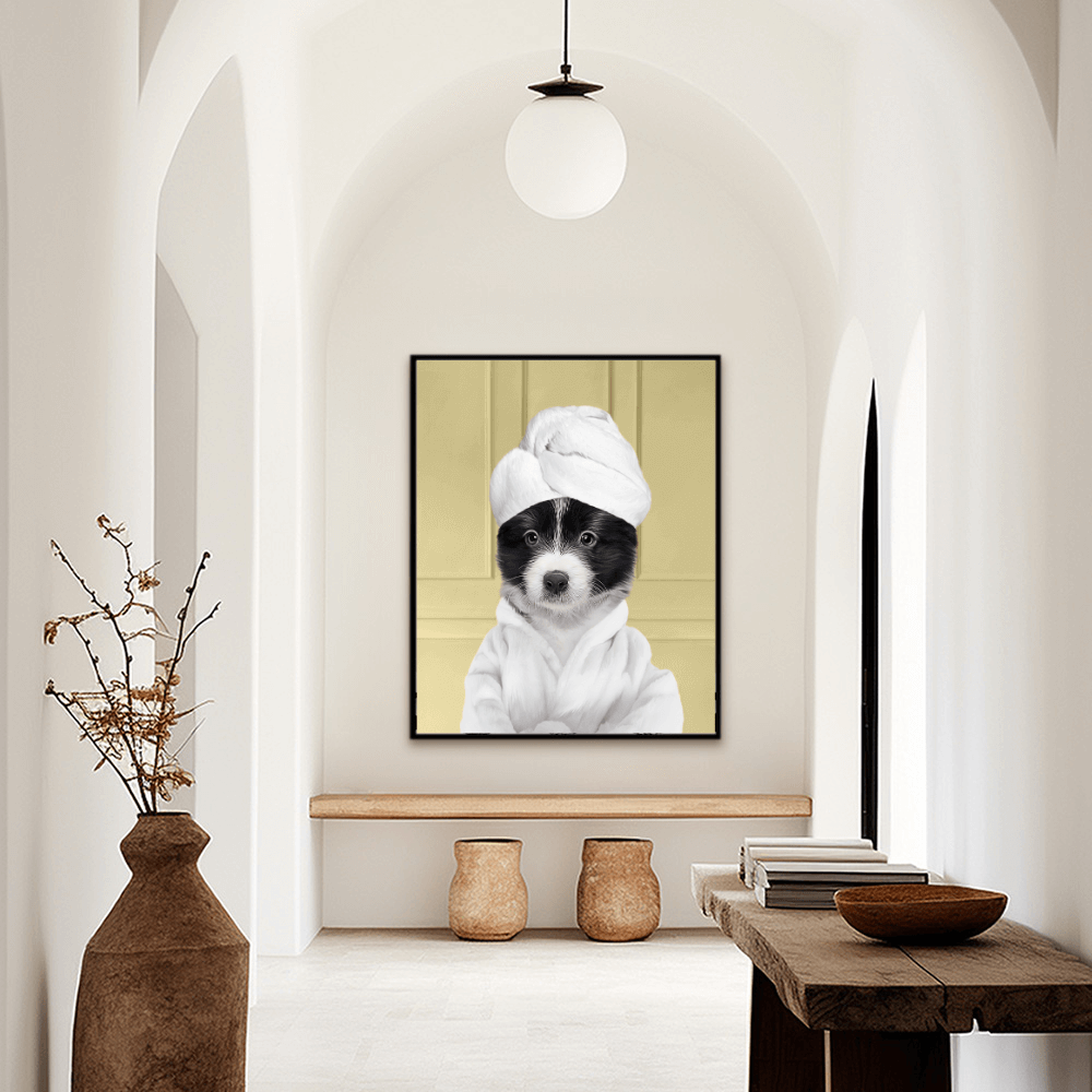 Custom funny pet portrait wall art, Border Collie puppy in bathrobe and towel at spa.