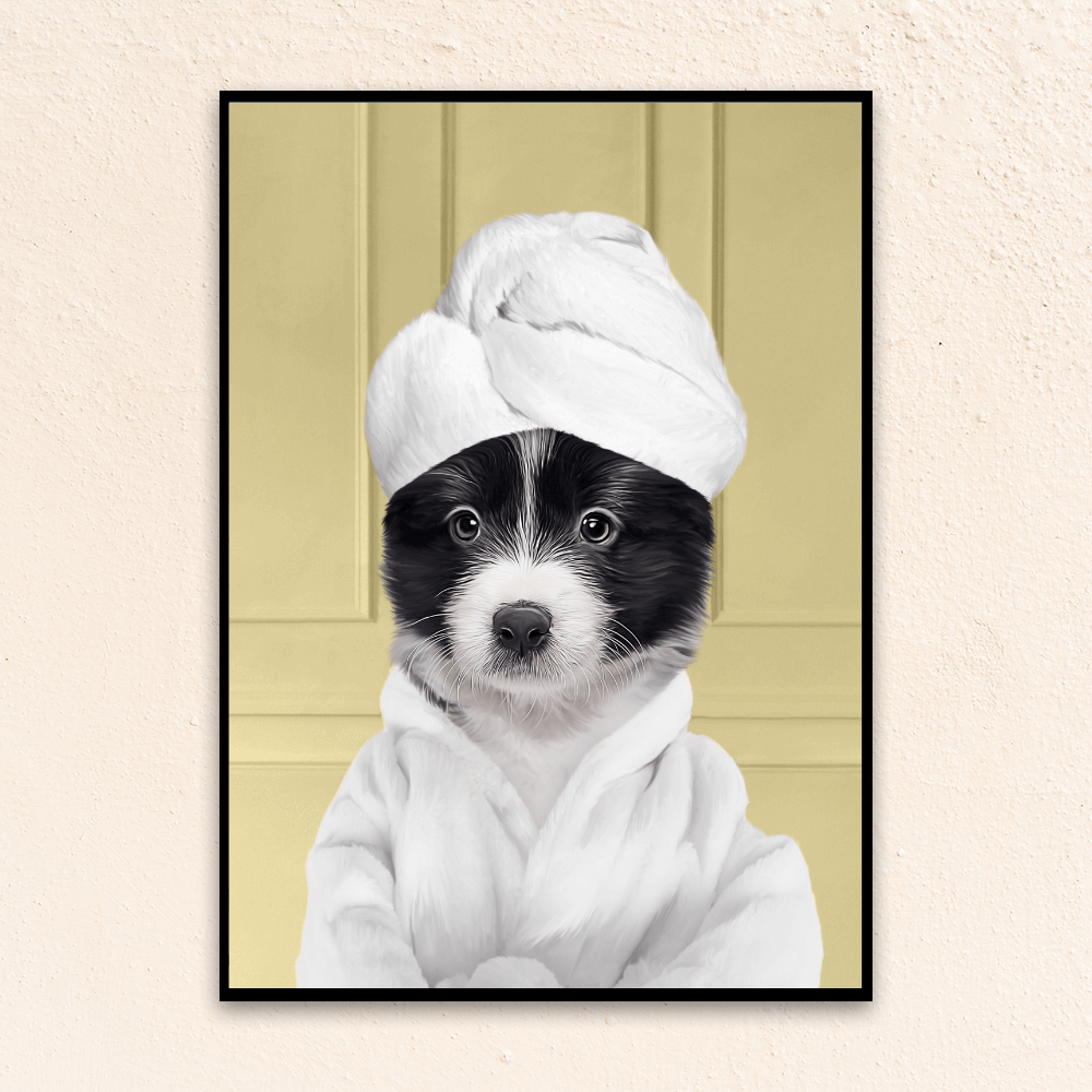 Custom funny pet portrait wall art, Border Collie puppy in bathrobe and towel at spa.