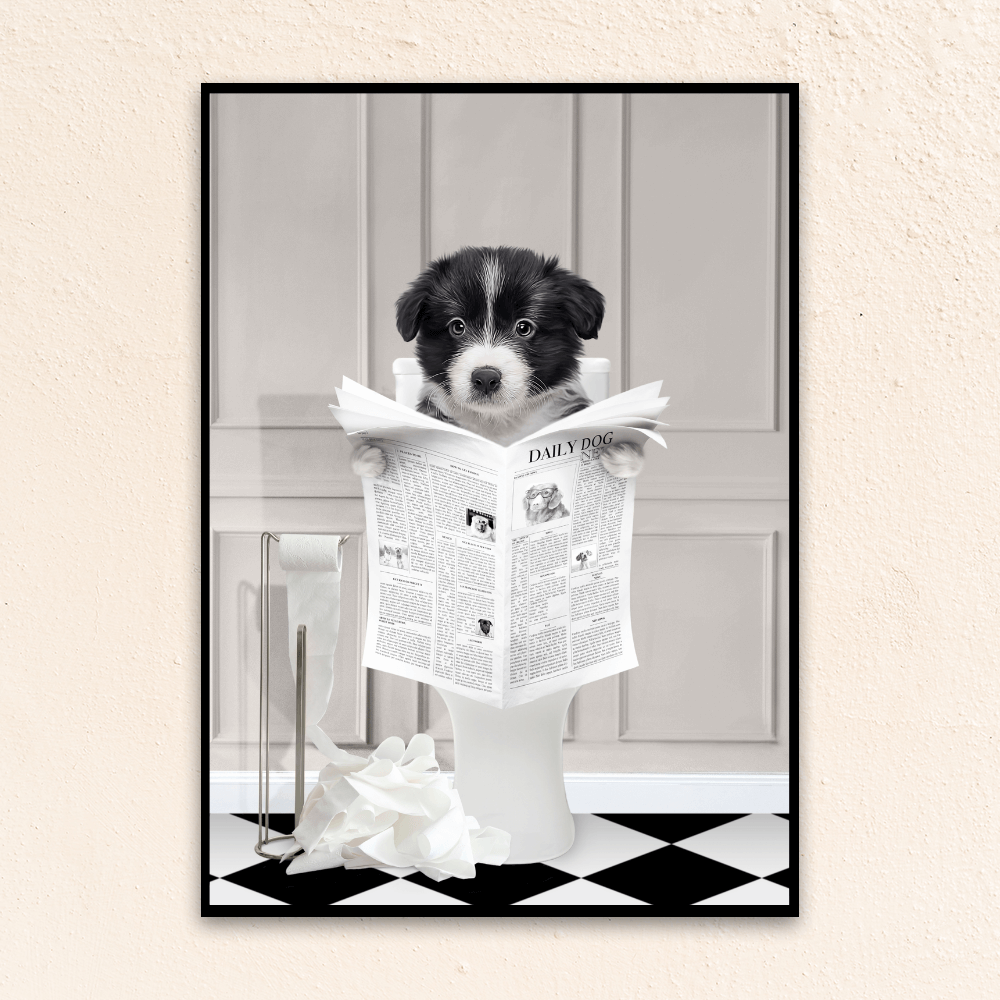 Custom funny pet portrait wall art. Border Collie puppy holding newspaper on toilet with black and white checker tiled floor.