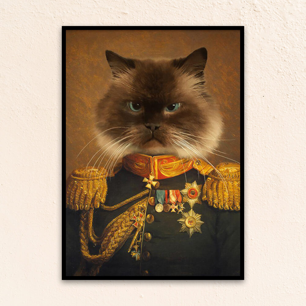 Custom military pet portrait wall art. Siamese cat wearing renaissance military costume with medals and red and gold collar.