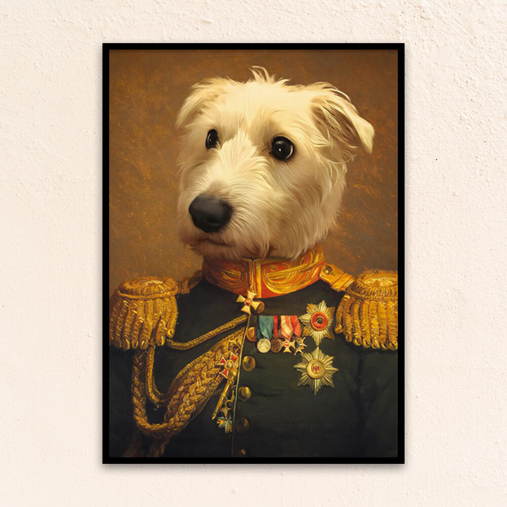 Custom military pet portrait wall art. Dog wearing renaissance military costume with medals and red and gold collar.