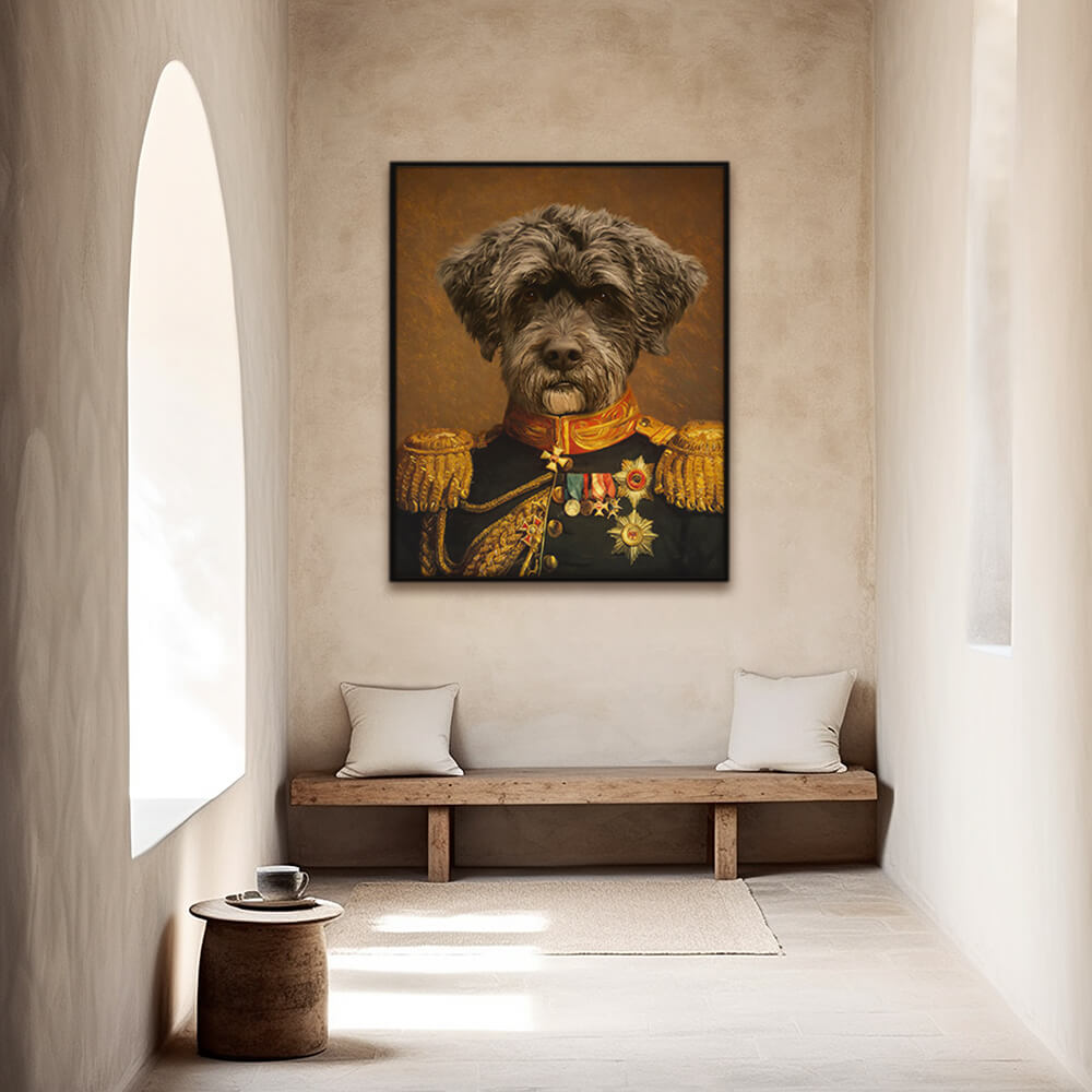 Custom military pet portrait wall art. Otterhound dog wearing renaissance military costume with medals and red and gold collar.