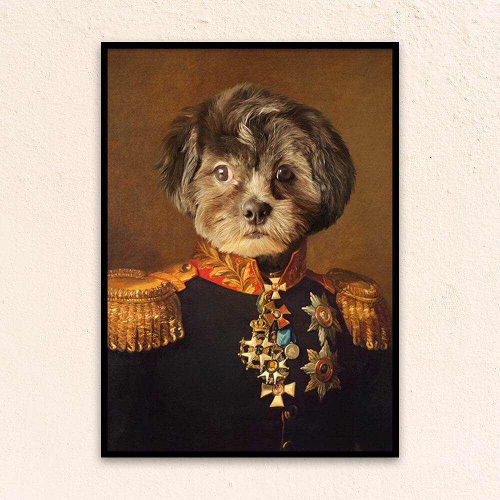 Custom military pet portrait hallway wall art. Dog wearing regal general suit, with red and gold collar and medals.