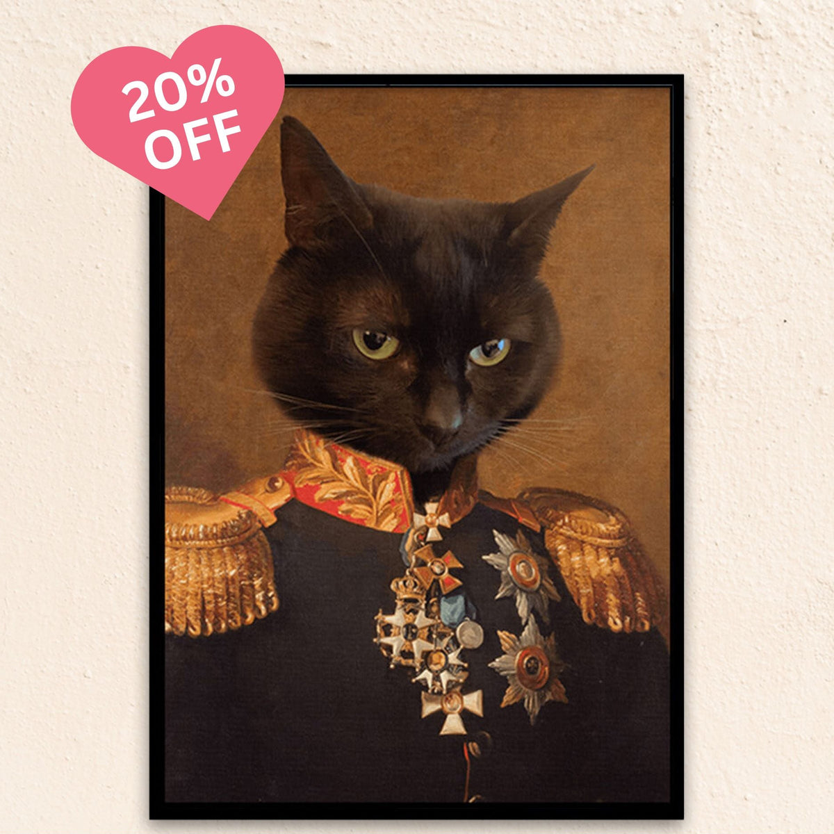 Custom renaissance cat portrait of a dog as The Brigadier General, featuring a noble pose in a decorated military uniform with golden epaulettes and a confident gaze.