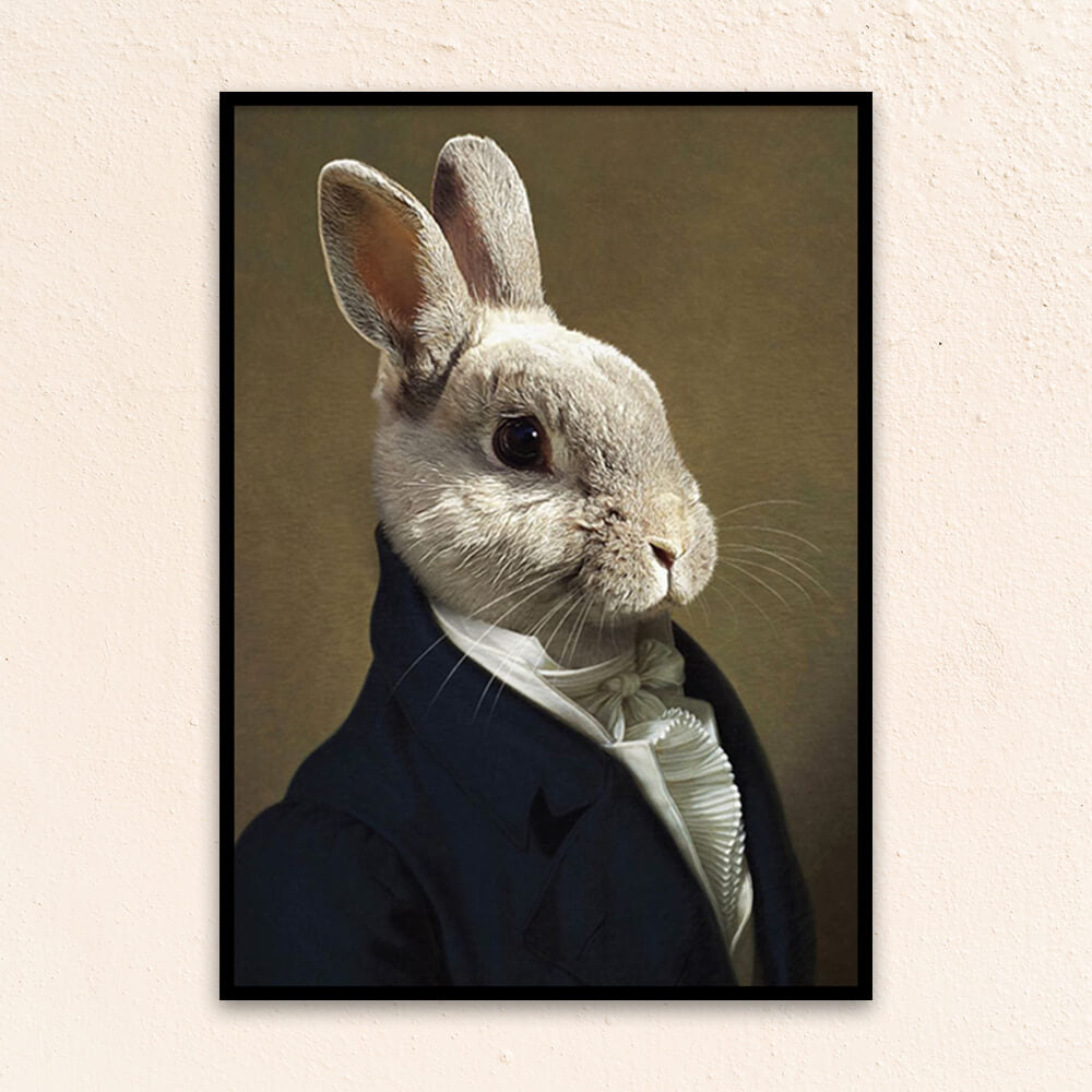 Custom royal pet portrait wall art. Bunny wearing a men's renaissance jacket and white collared frilled shirt.