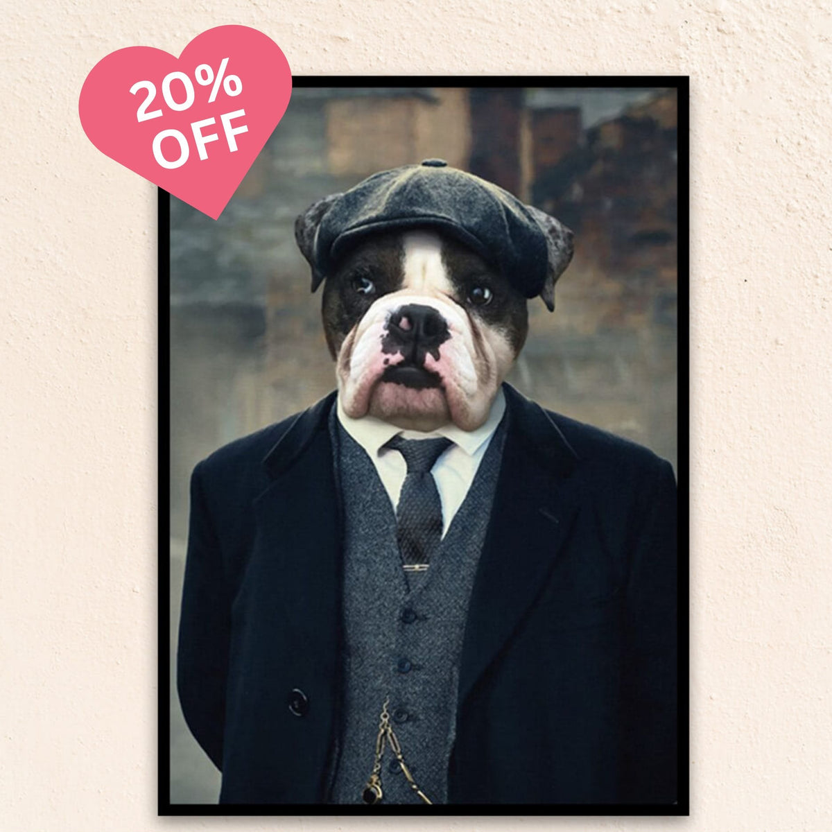 Custom medieval dog portrait titled The Gangster, featuring a dog in confident pose, wrapped in a tailored coat and cap, blending charm with streetwise flair.