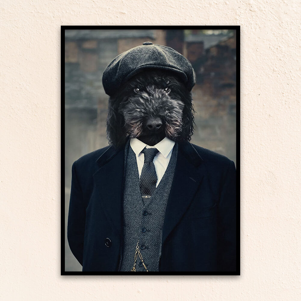 Custom regal pet portrait wall art. Dog wearing English gangster attire.