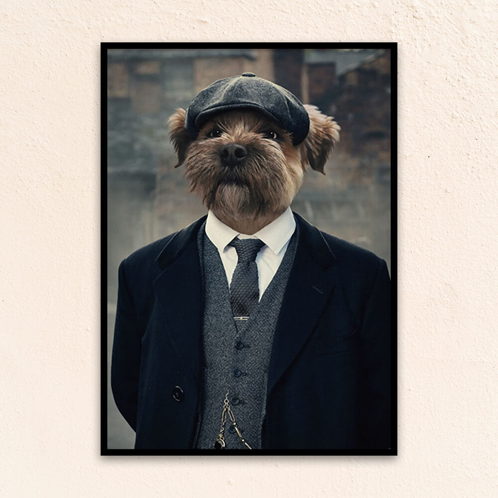 Custom regal pet portrait wall art. Border Terrier wearing English gangster attire.