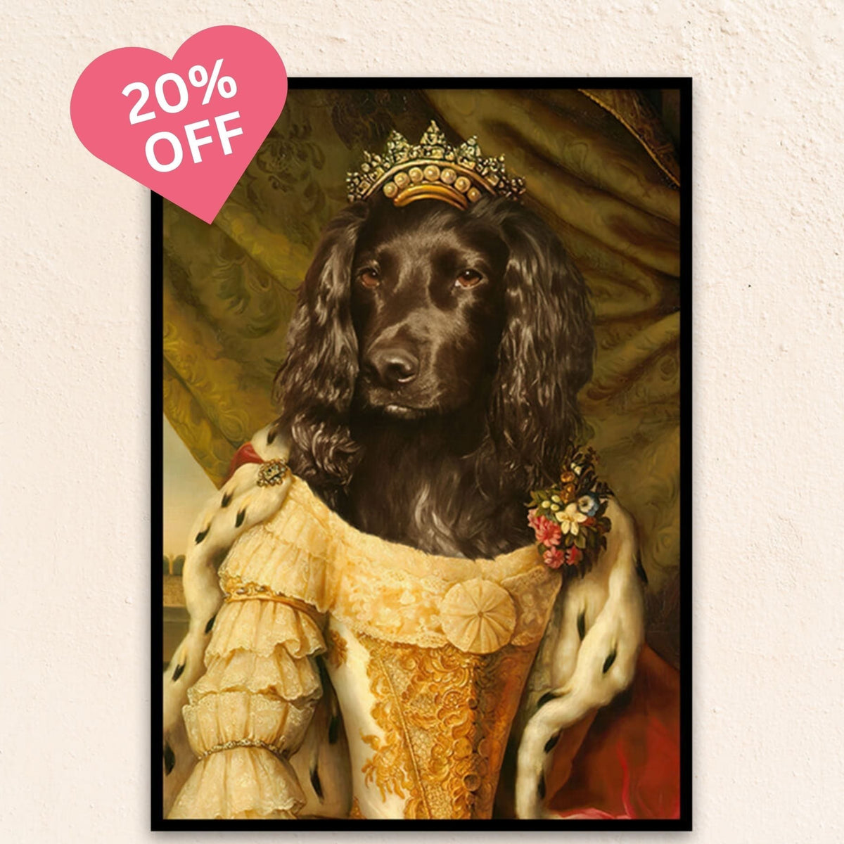 Custom regal pet portrait of The Gilded Queen, adorned in a golden gown and crown, radiating warmth, grace, and noble strength.