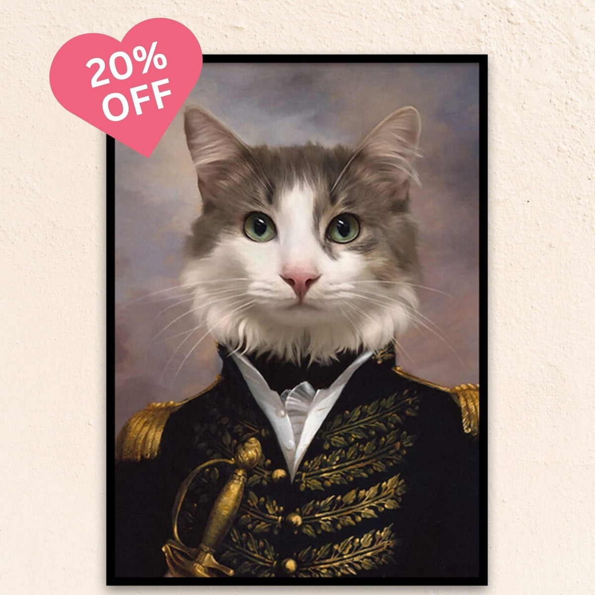 Custom medieval pet portrait of a military pet as The Lieutenant, dressed in a formal coat with brass buttons, portraying loyalty and leadership.