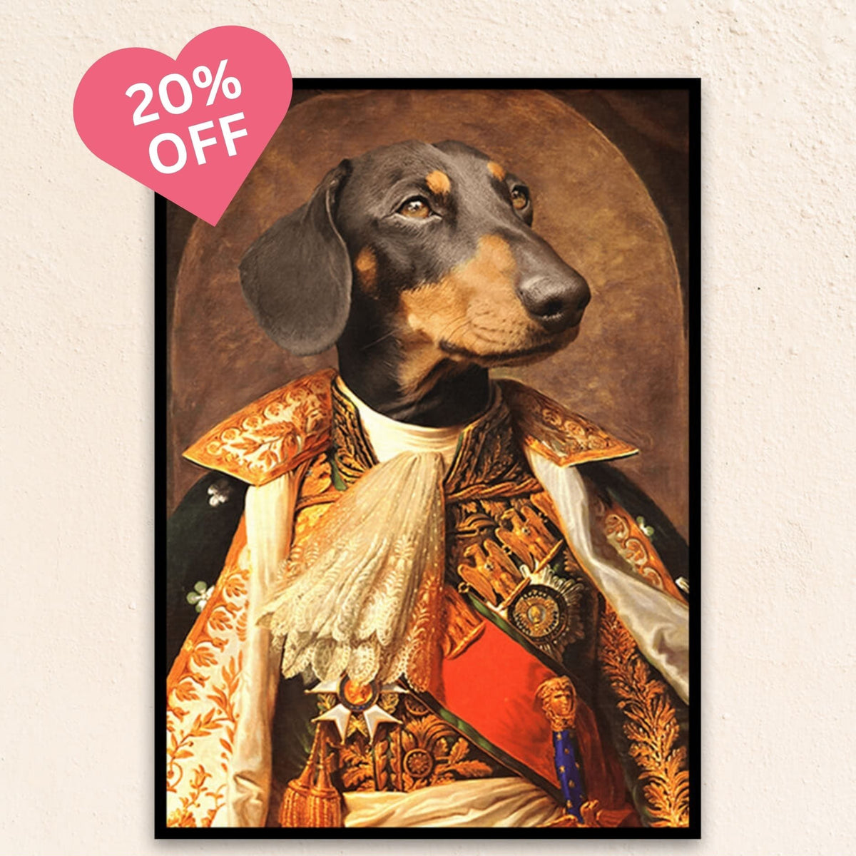 Custom regal pet portrait of a pet in The Napoleon figure, showcasing a commanding pose in a decorated military coat, embodying courage and strategy.