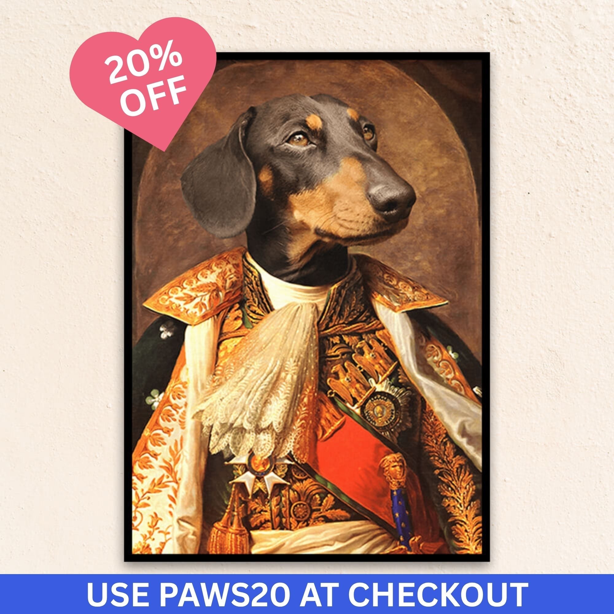 Custom renaissance dog portrait of a dog in The Napoleon figure, showcasing a commanding pose in a decorated military coat, embodying courage and strategy.