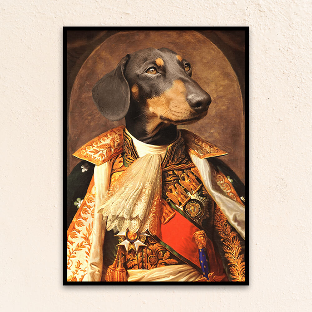 Close-up of The Napoleon custom renaissance pet portrait, highlighting the ornate uniform details, medal insignia, and the pet’s intense, regal expression.