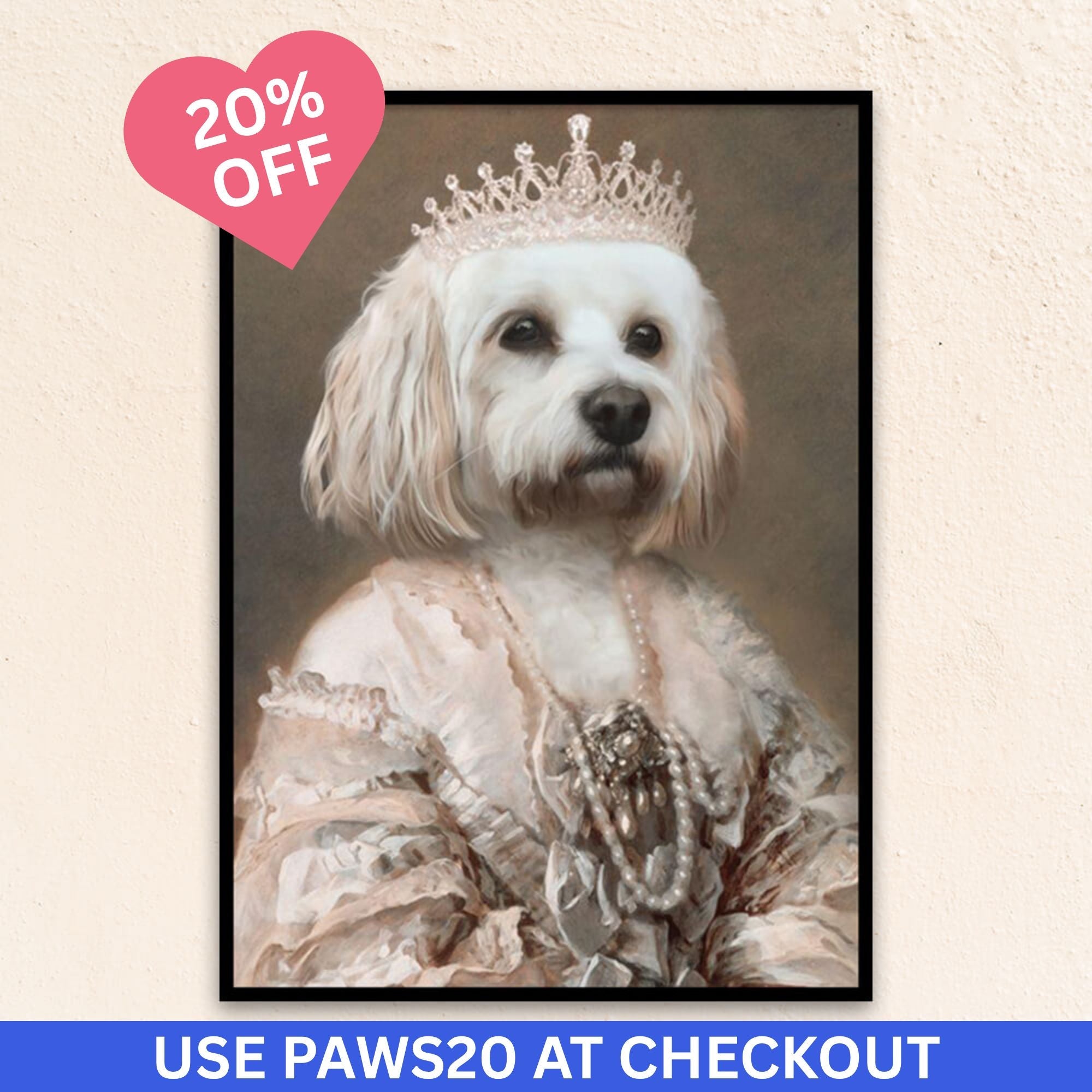 Custom renaissance dog portrait of The Queen, featuring a majestic dog in a coronation-style gown with pearl necklace and diamond crown, exuding timeless grace.