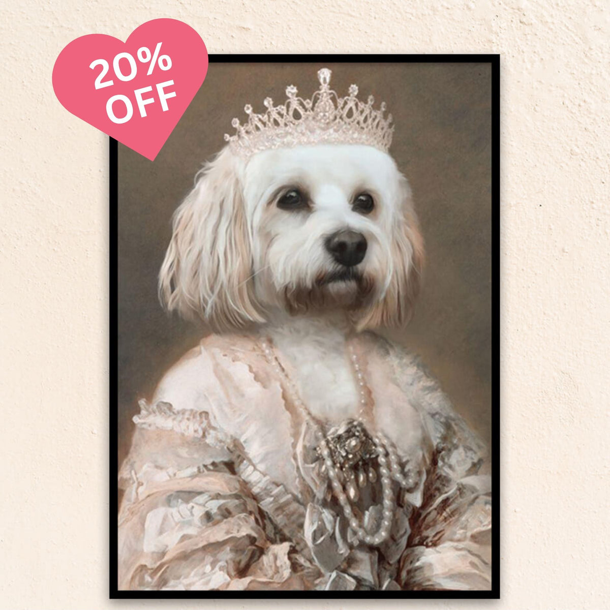 Custom renaissance pet portrait of The Queen, featuring a majestic pet in a coronation-style gown with pearl necklace and diamond crown, exuding timeless grace.