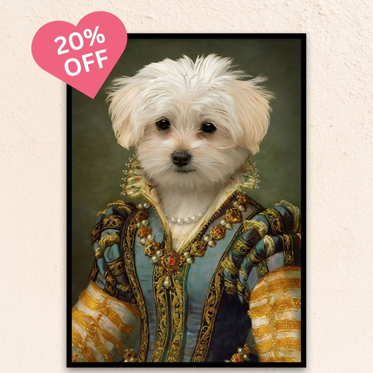 Custom regal pet portrait of The Renaissance Queen, featuring a graceful canine in a brocade gown with pearl accents and a poised, noble expression.