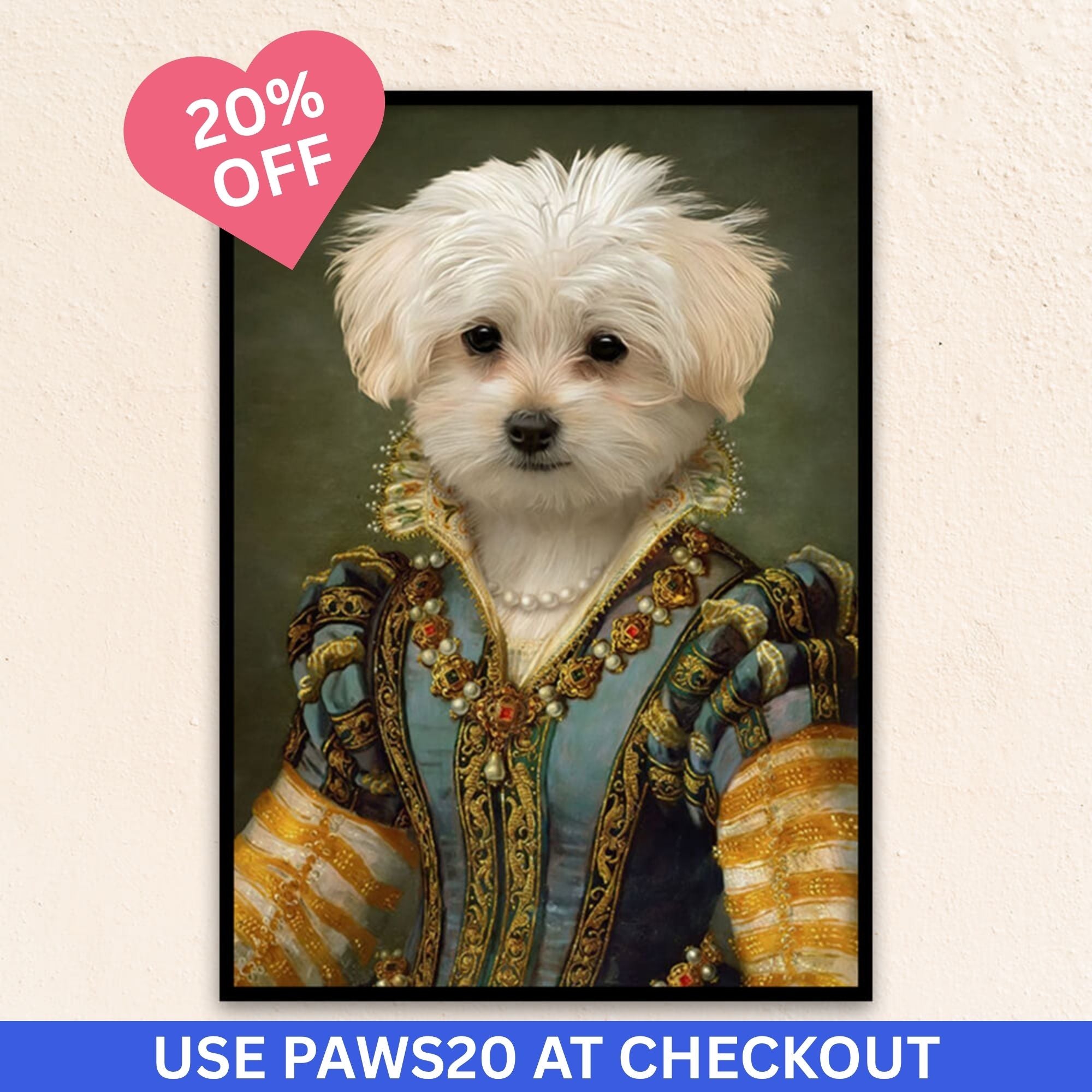 Custom renaissance pet portrait of The Renaissance Queen, featuring a graceful canine in a brocade gown with pearl accents and a poised, noble expression.