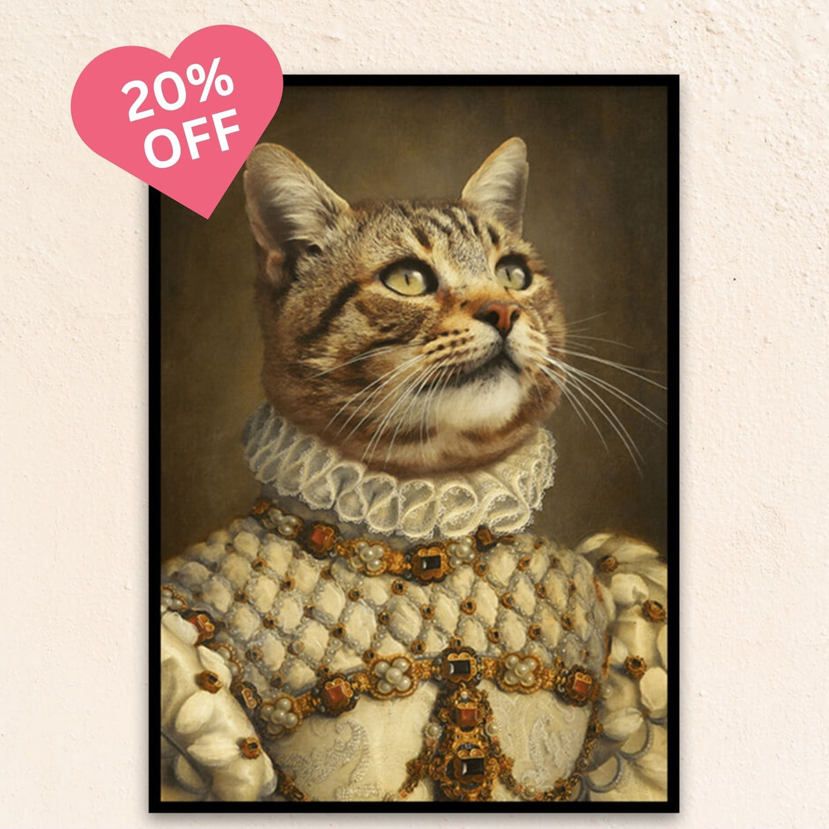 Custom medieval pet portrait of The Royal Princess, featuring a graceful feline in a gem-encrusted white gown with a 17th-century ruff neckline, radiating regal charm.