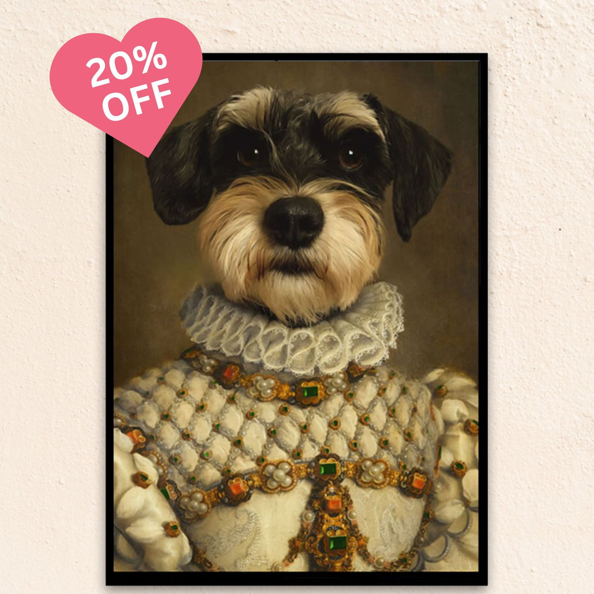 Custom regal dog portrait of The Royal Princess, featuring a graceful canine in a gem-encrusted white gown with a 17th-century ruff neckline, radiating regal charm.
