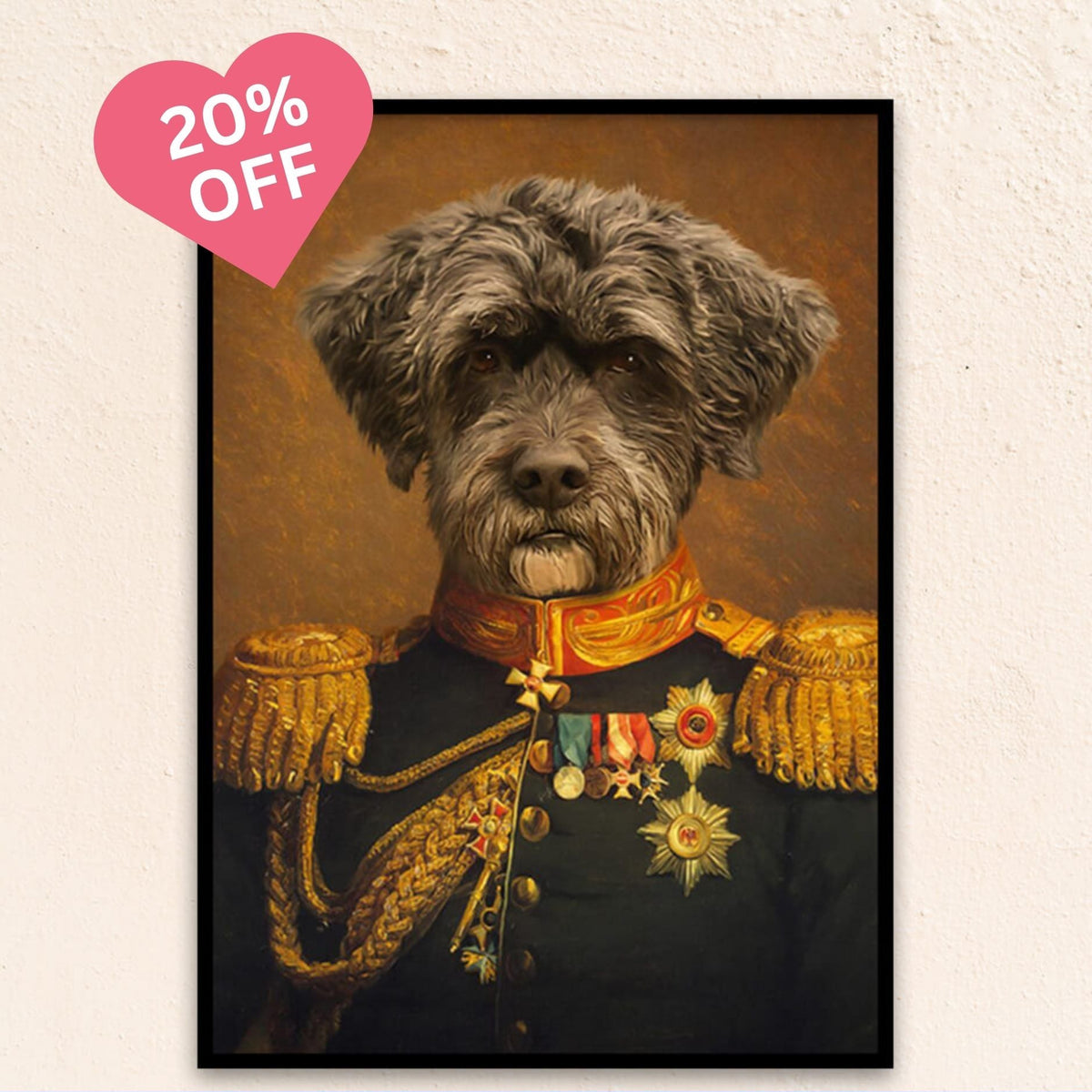 Custom regal pet portrait of a pet representing The Statesman, featuring a stately military outfit and composed expression, symbolizing wisdom and authority.