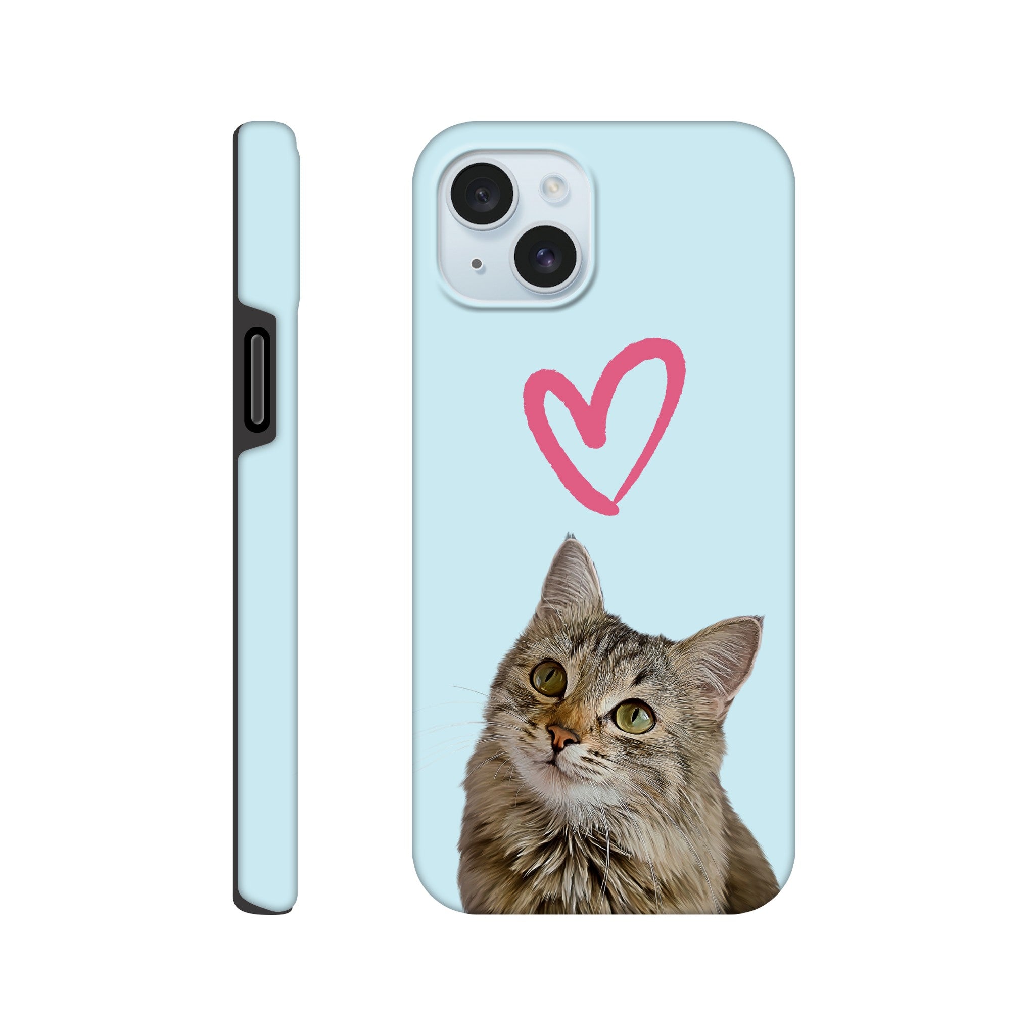 Custom pet portrait tough light blue phone case. Pink heart outline above a tabby cat.