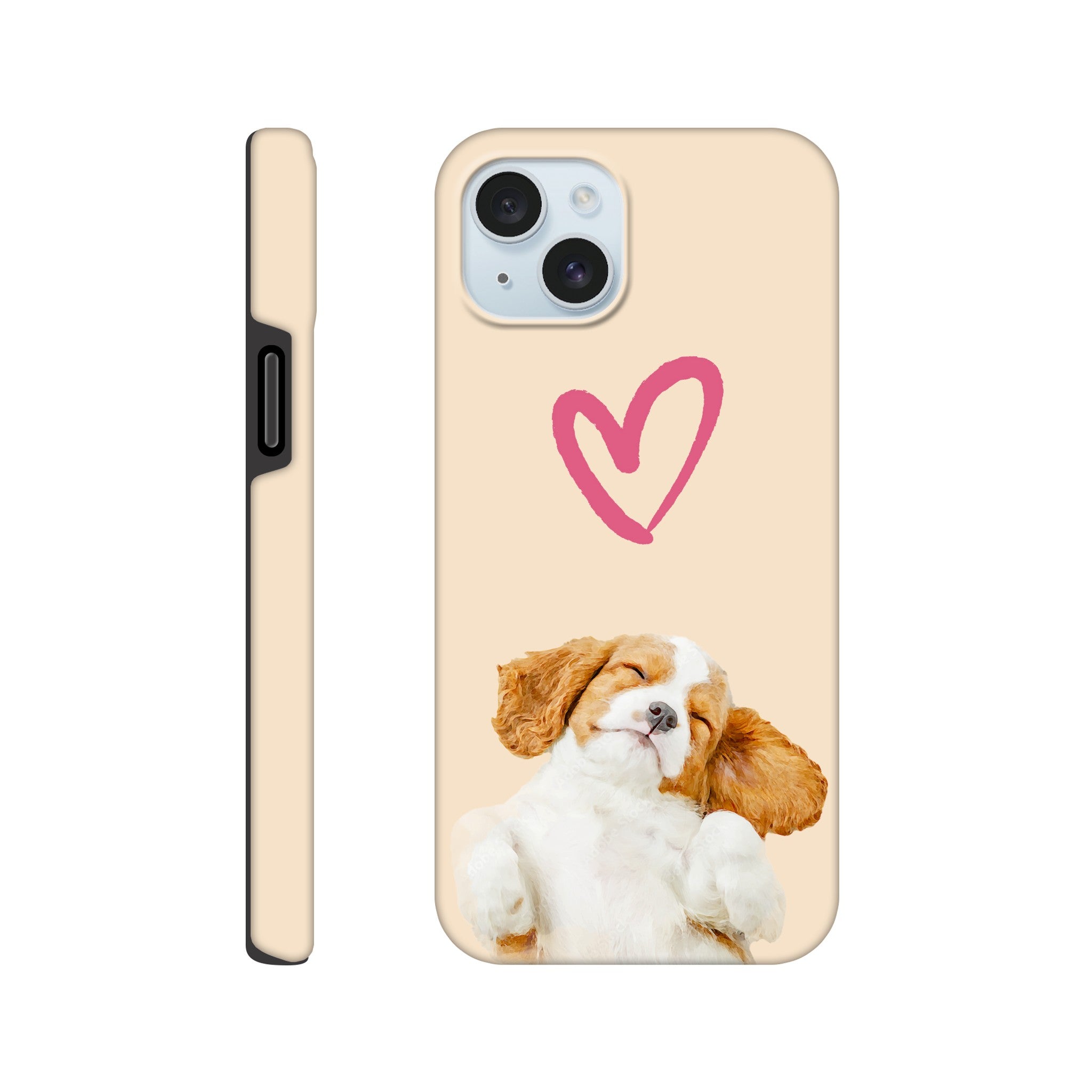 Custom pet portrait tough beige phone case. Corgi puppy with heart outline above pet.