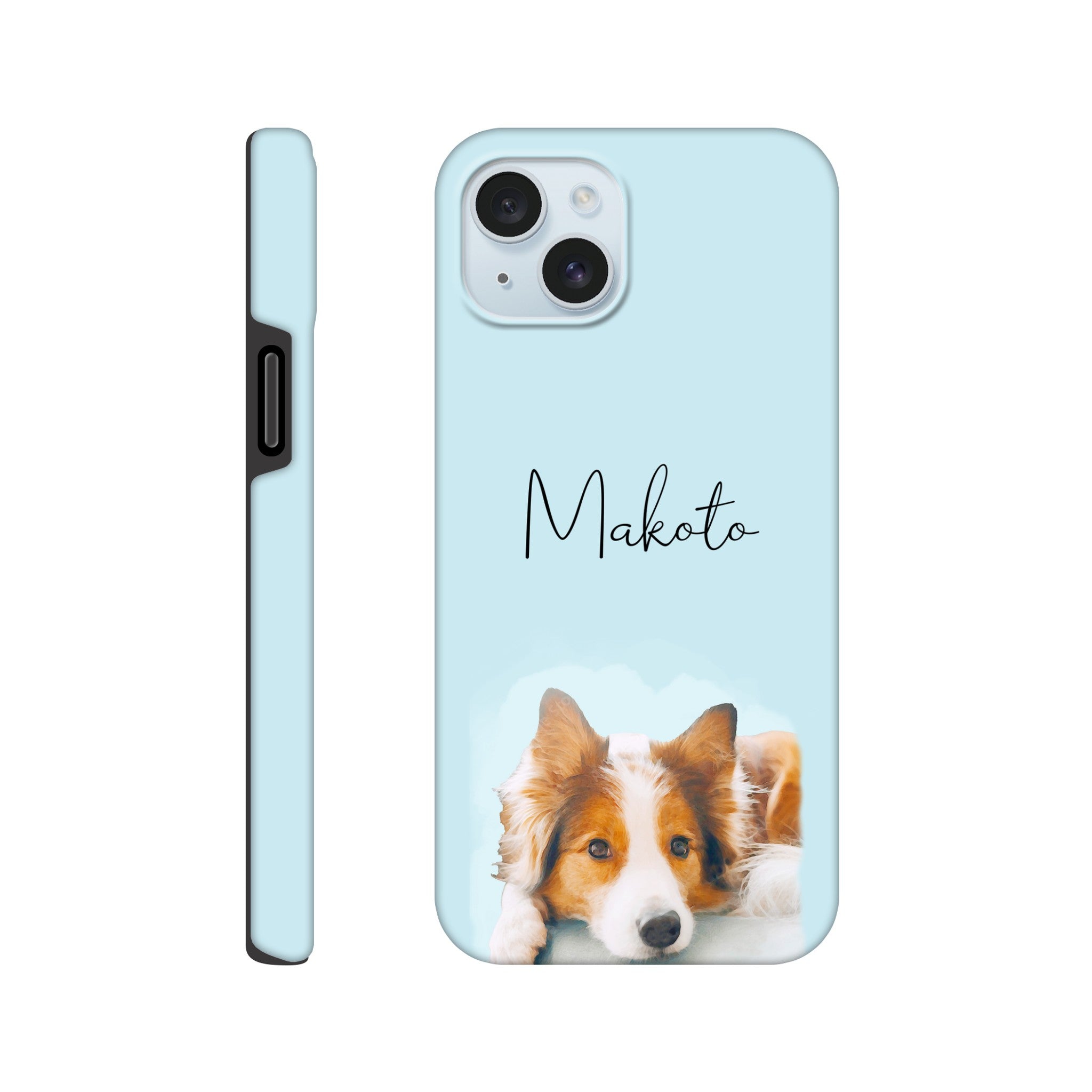 Custom watercolor pet portrait. Tough light blue phone case. Collie with personalized pet name above pet.