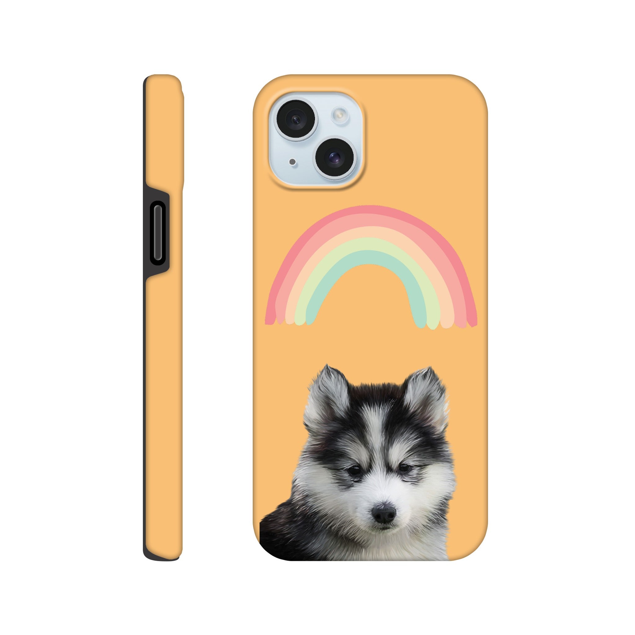 Custom pet portrait tough orange phone case. Siberian husky puppy with rainbow above pet.