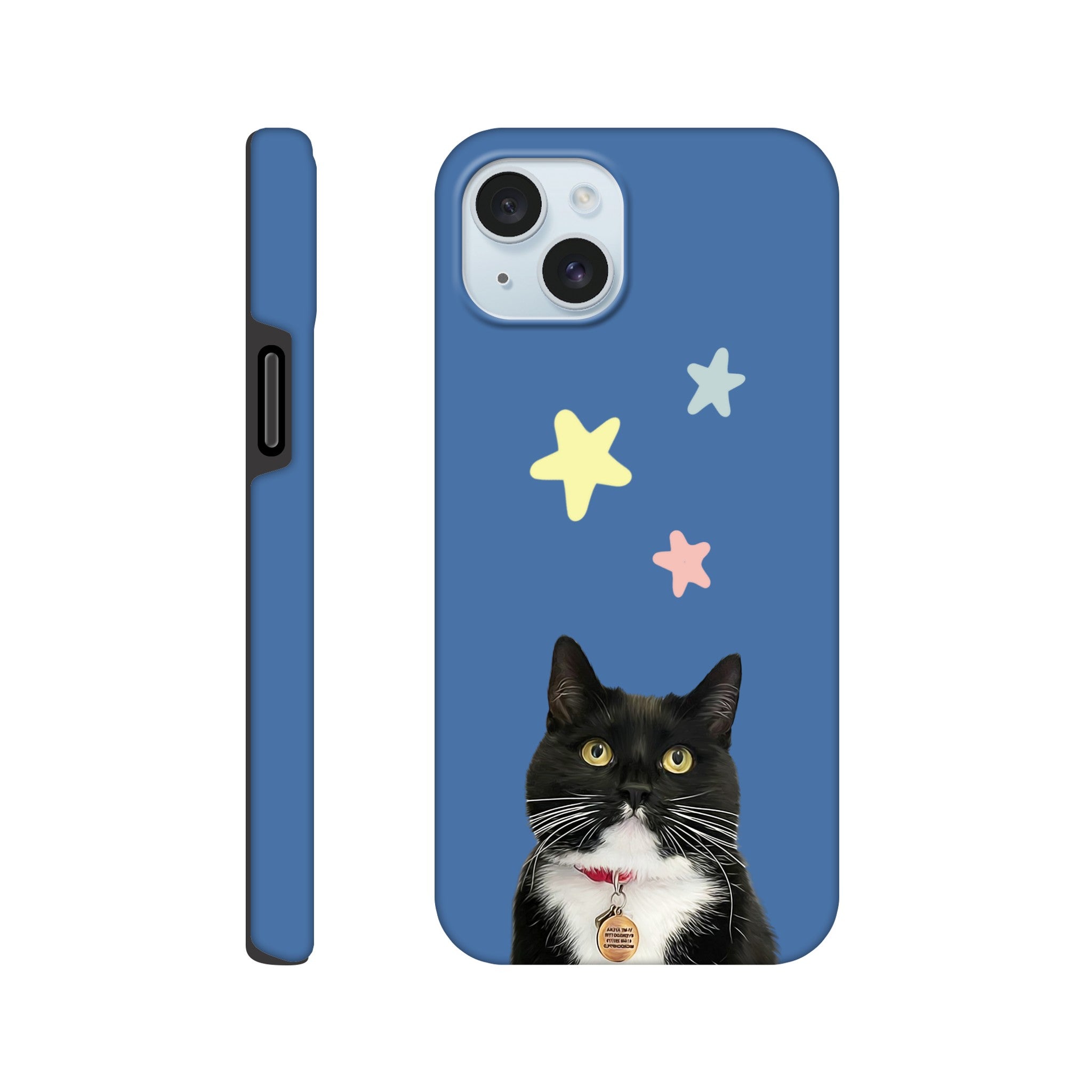 Custom pet portrait tough blue phone case. Black and white cat with pastel stars above pet.