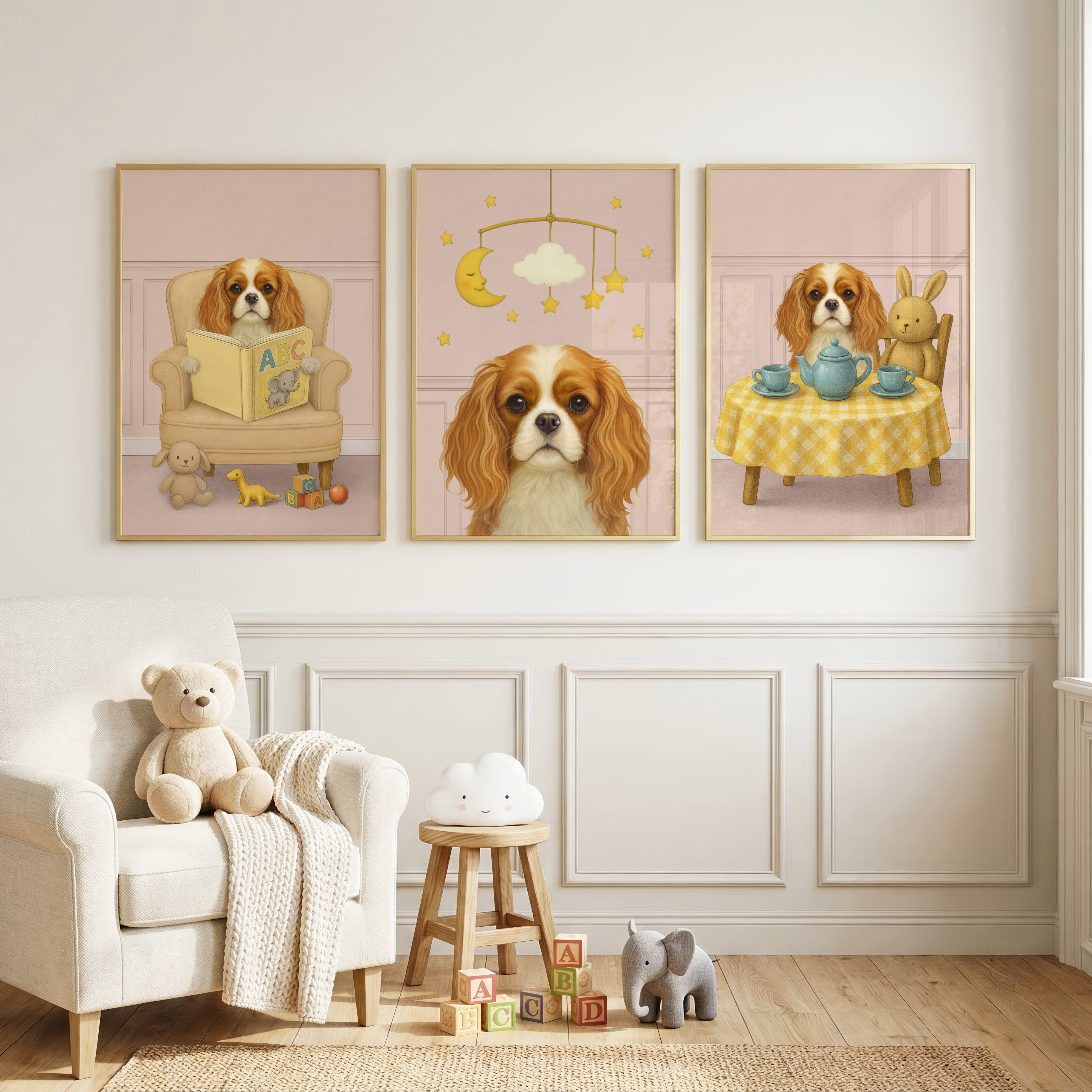 Three-piece set of custom nursery pet portrait displayed in blush pink backdrop, showcasing its calm presence and playful wall art appeal.