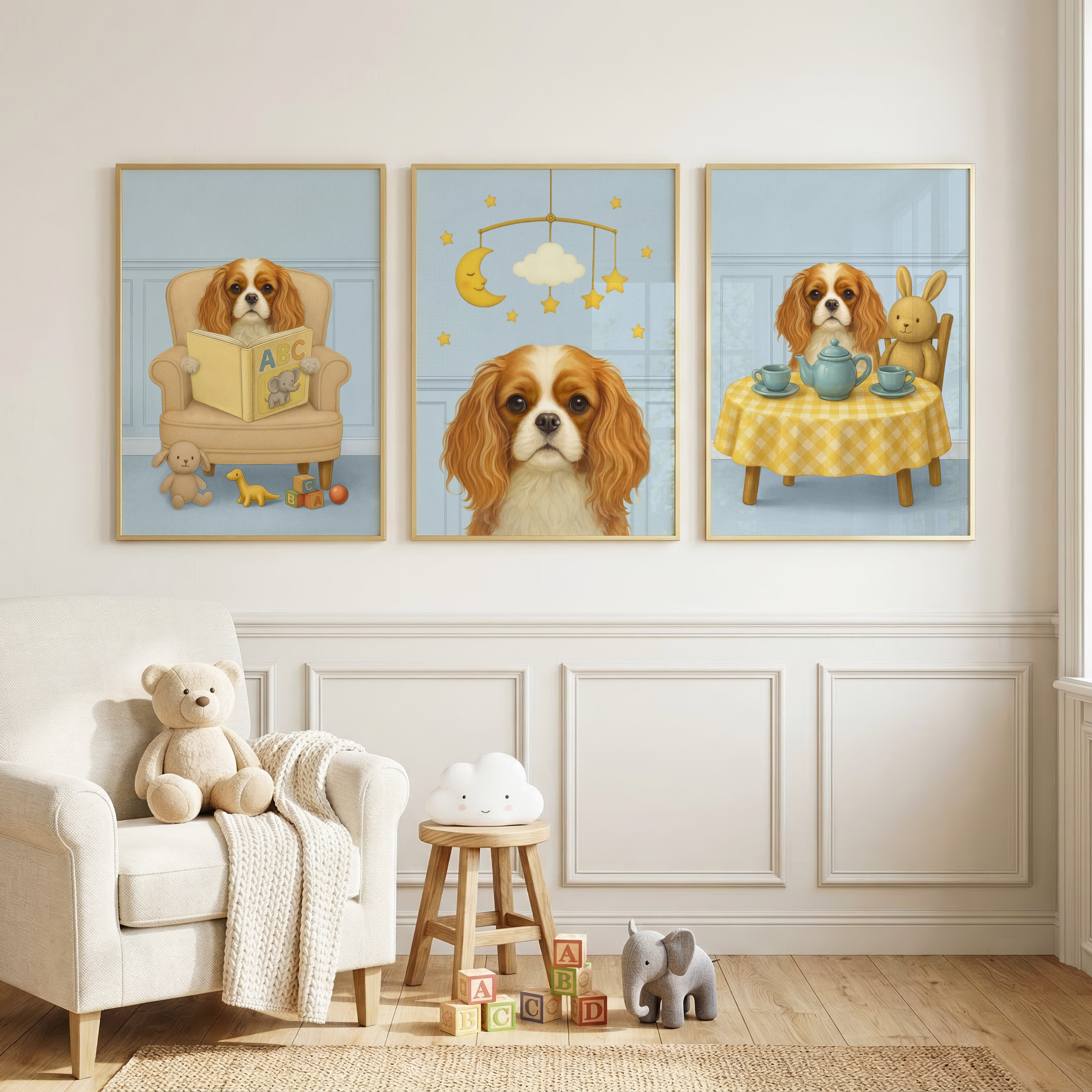 Three-piece set of custom nursery pet portrait displayed in light blue backdrop, showcasing its calm presence and playful wall art appeal.