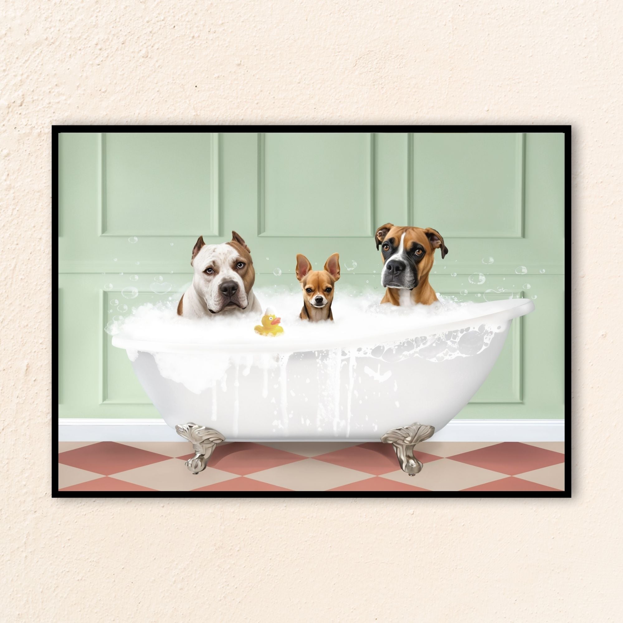Custom pets portrait inspired by bathroom dog art and bathroom cat art, showing three pets in a bubble-filled clawfoot tub with a rubber duck, set against light blue wall panels and a black-and-white tiled floor.