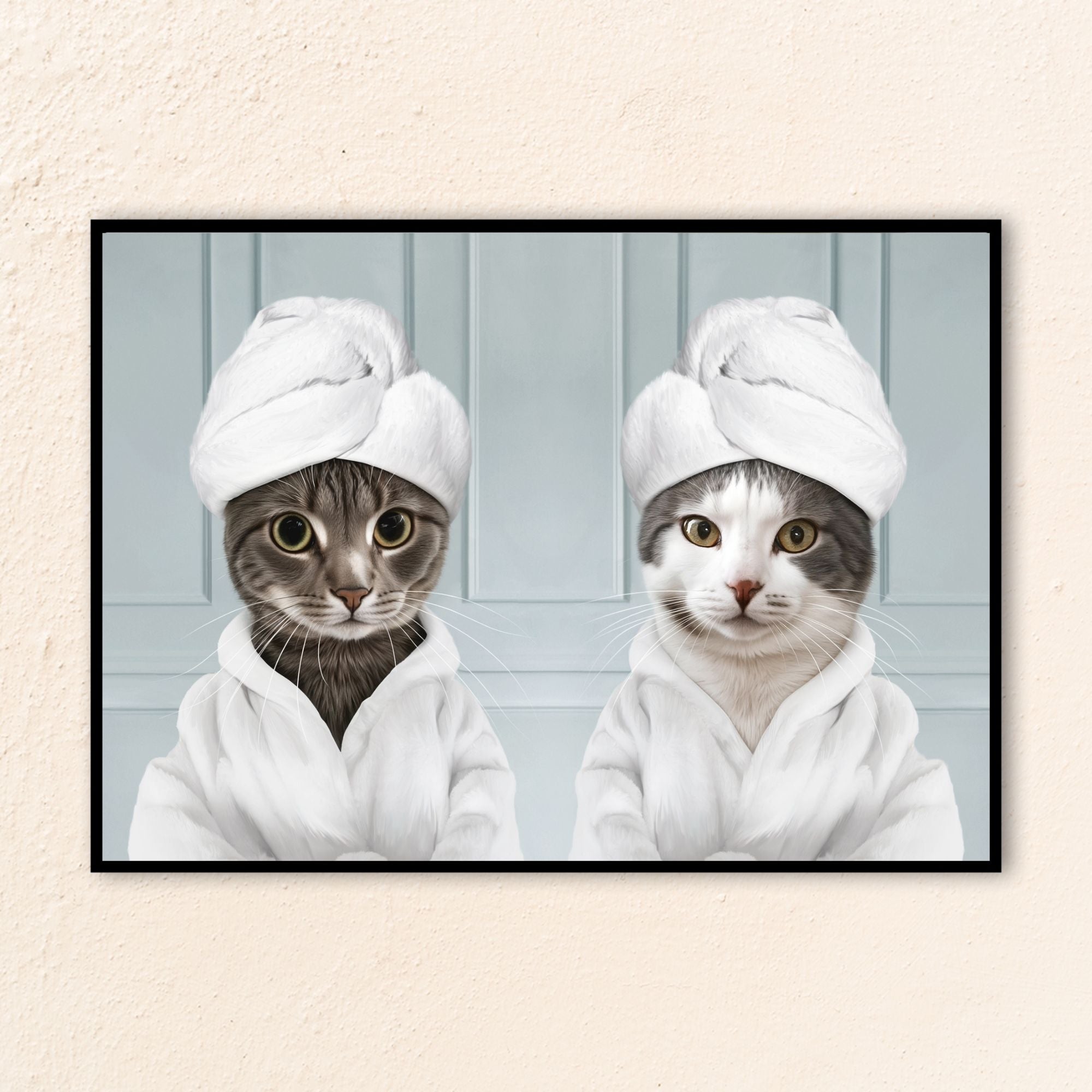 Inspired by the whimsical feel of dog bathroom art, this custom pets portrait features two pampered pets dressed in plush robes and towel wraps in a calm blue spa-style room. The design also blends naturally with cat bathroom art, making it easy to mix into a bathroom gallery wall.