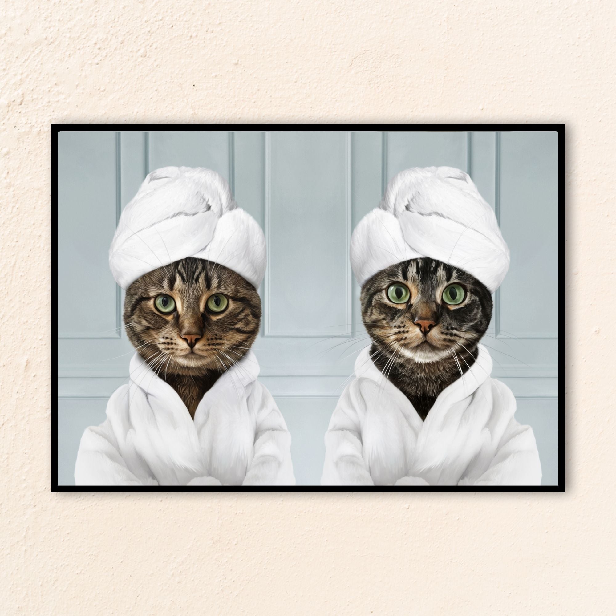 A custom pets portrait styled in the playful look of dog bathroom art, featuring two pets in white bathrobes with towel-wrapped heads against a soft blue bathroom backdrop. It also pairs well with collections inspired by cat bathroom art.