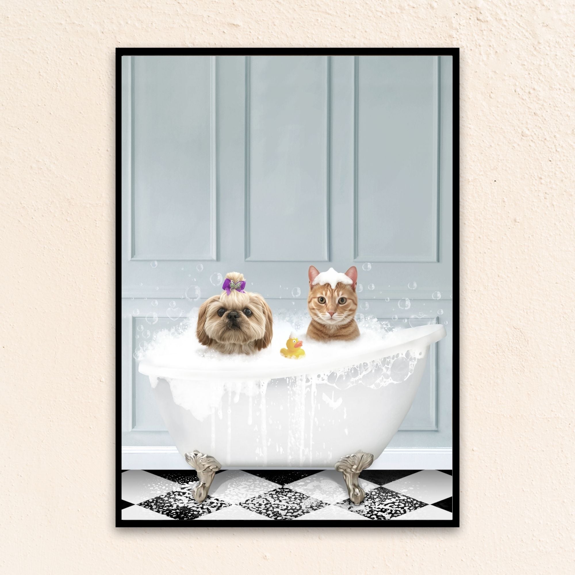 Personalized cat and dog showing showing a dog and cat relaxing in a foamy clawfoot tub with a rubber duck, framed by soft blue wall panels and a classic black-and-white tiled floor.