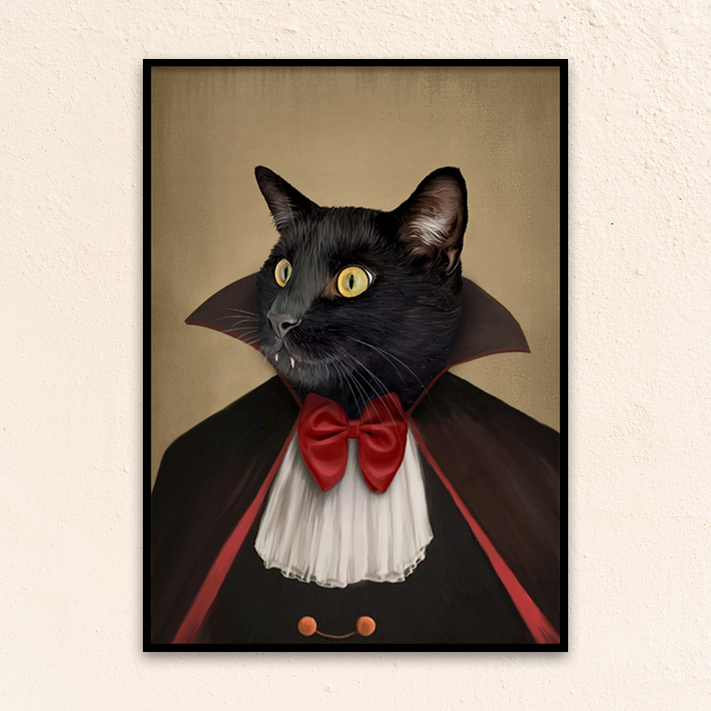 Custom funny pet portrait wall art. Black cat vampire with red bowtie and cape.