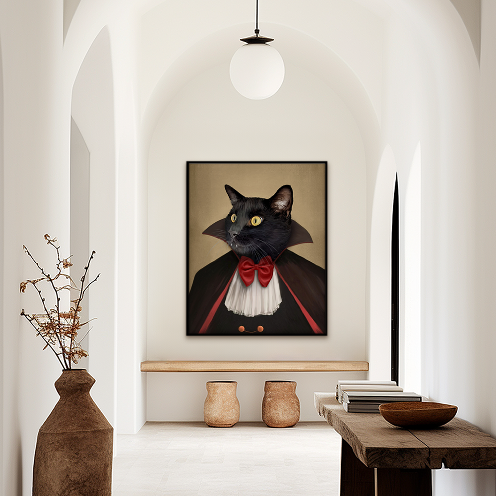 Custom funny pet portrait hallway wall art. Black cat vampire with red bowtie and cape.