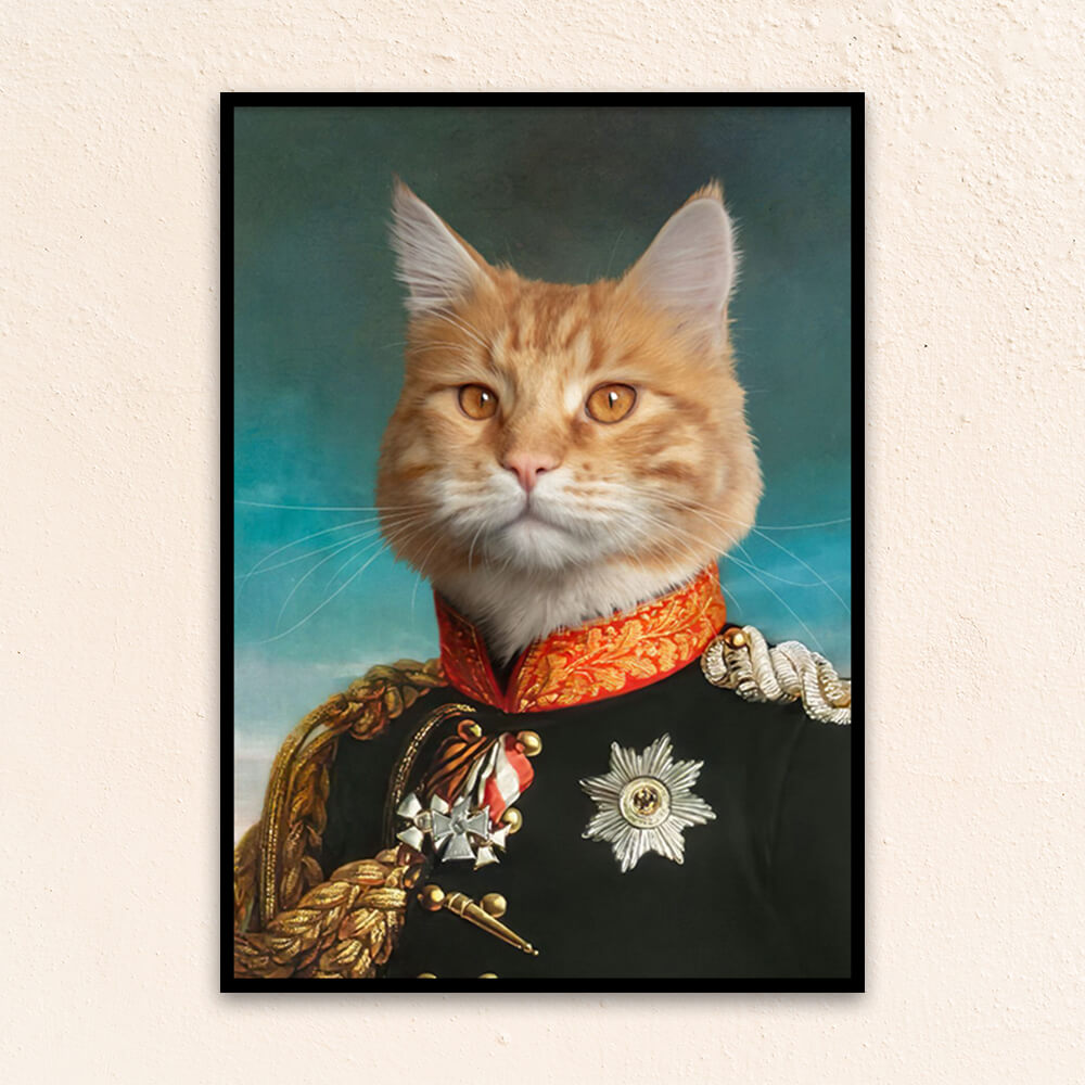 Custom military pet portrait wall art. Orange tabby cat wearing military costume with medals.