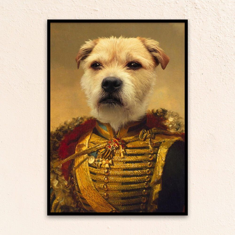 Custom military pet portrait wall art. Dog wearing renaissance military costume with gold sash and red and gold collar.