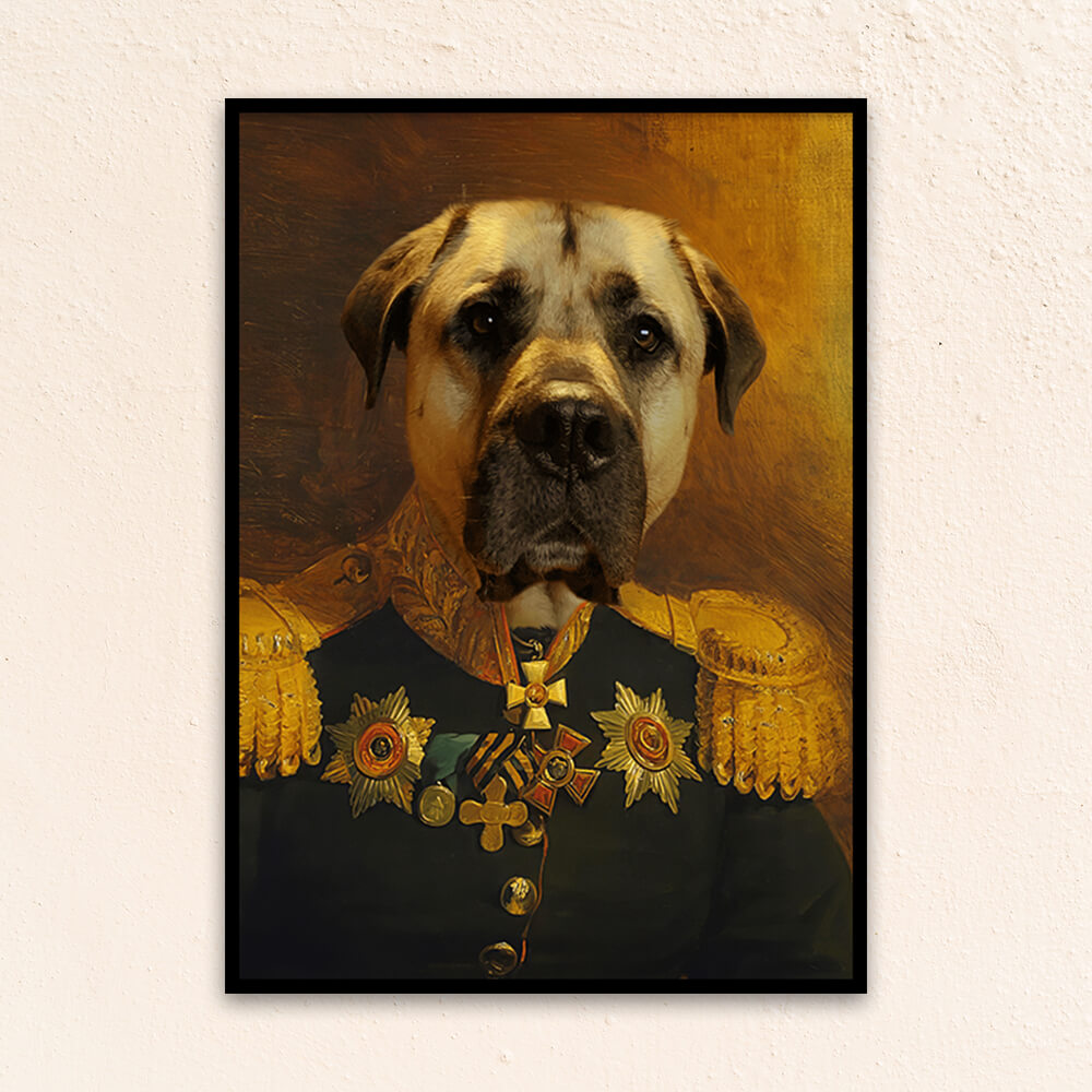 Custom Military pet portrait wall art. Dog in military costume with medals.