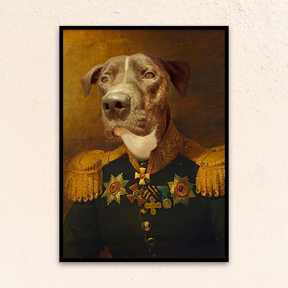 Custom Military pet portrait wall art. Dog in military costume with medals.