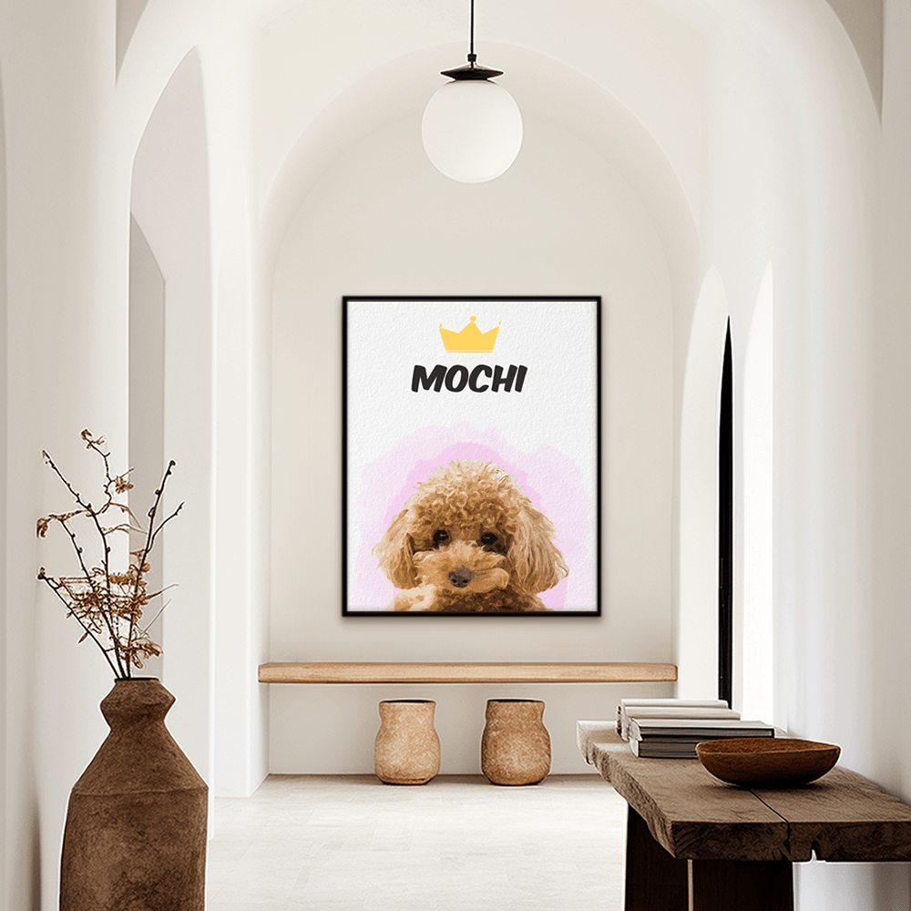 Custom watercolor pet portrait hallway wall art. Toy poodle pink watercolor background. Pet name at the top of the poster. Crown above pet name.