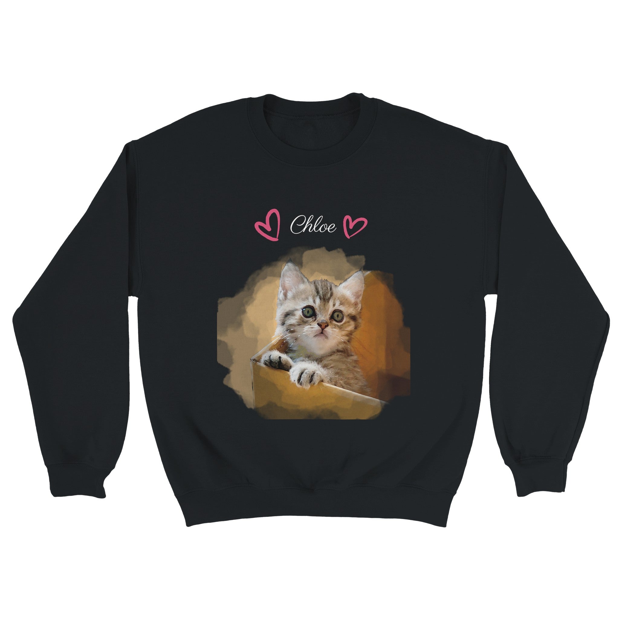 Custom watercolor pet portrait sweatshirt. Tabby kitten in cardboard box. Pet name at the top of sweatshirt. Name has pink hearts on both side of name.a-8963-4fc76461f566
