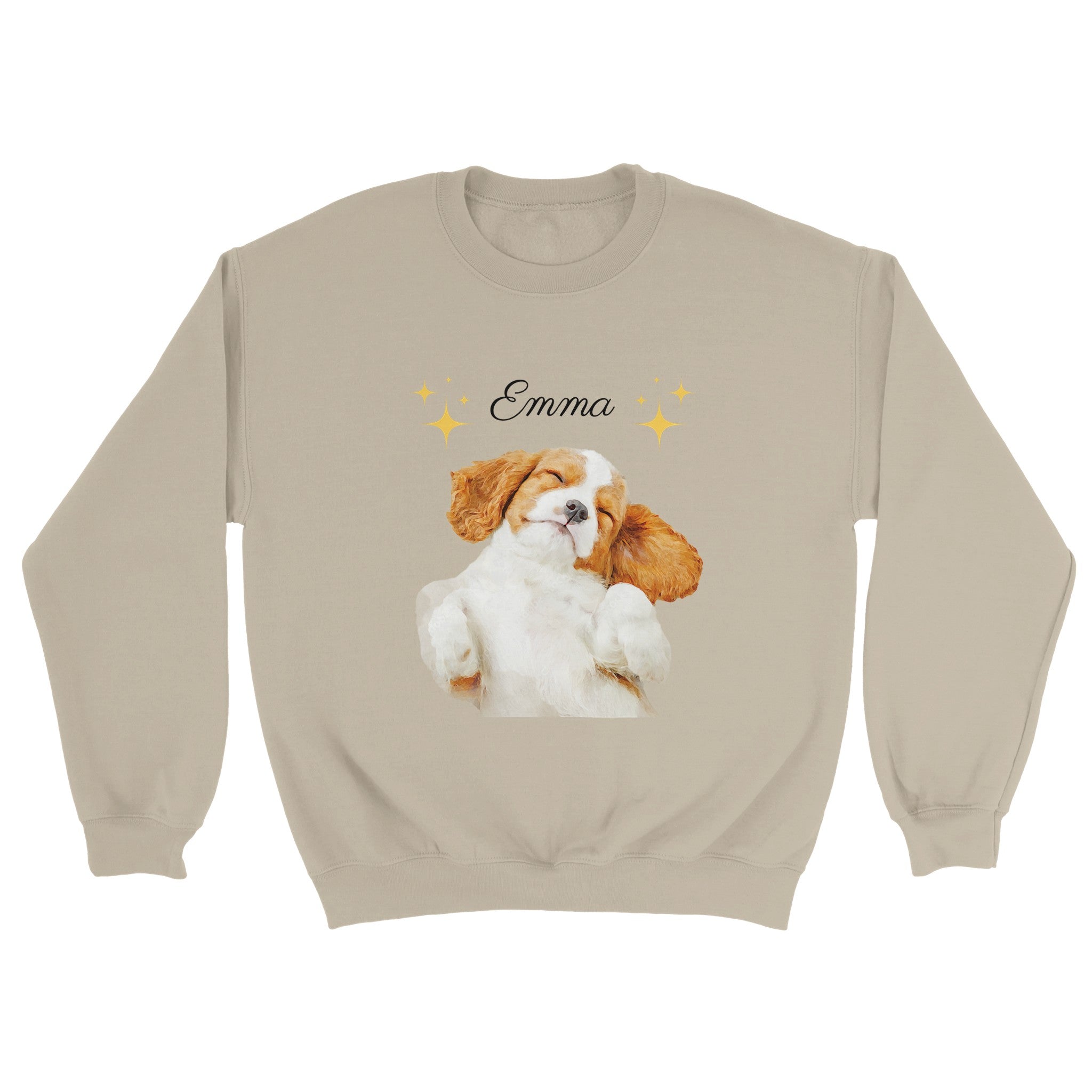 Custom watercolor pet portrait beige sweatshirt. Cavalier King Charles Spaniel with the pet's name above the pet. With stars surrounding pet's name.
