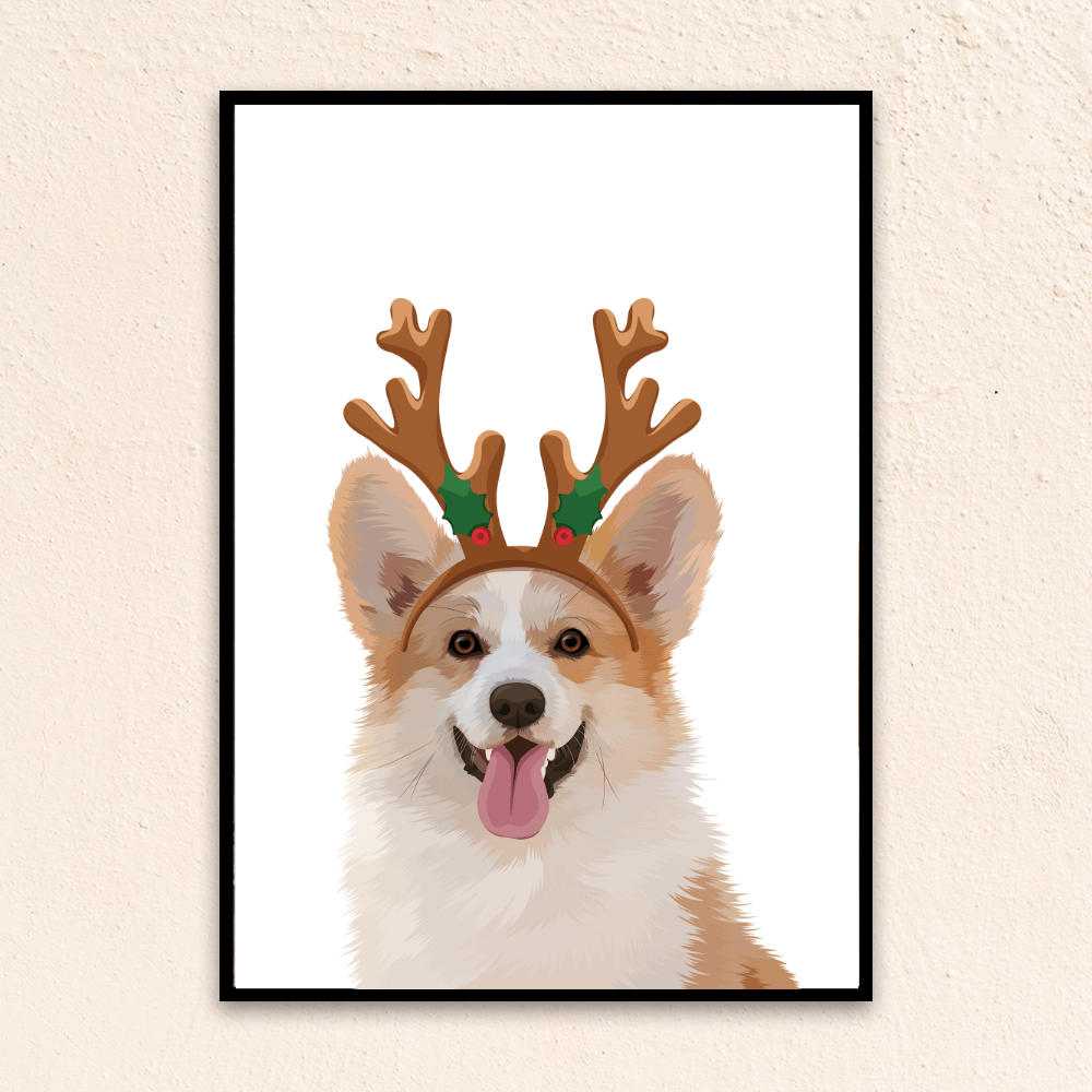 Holiday custom pet portrait wall art. Corgi wearing reindeer antlers. Personalized pet name at top of poster.